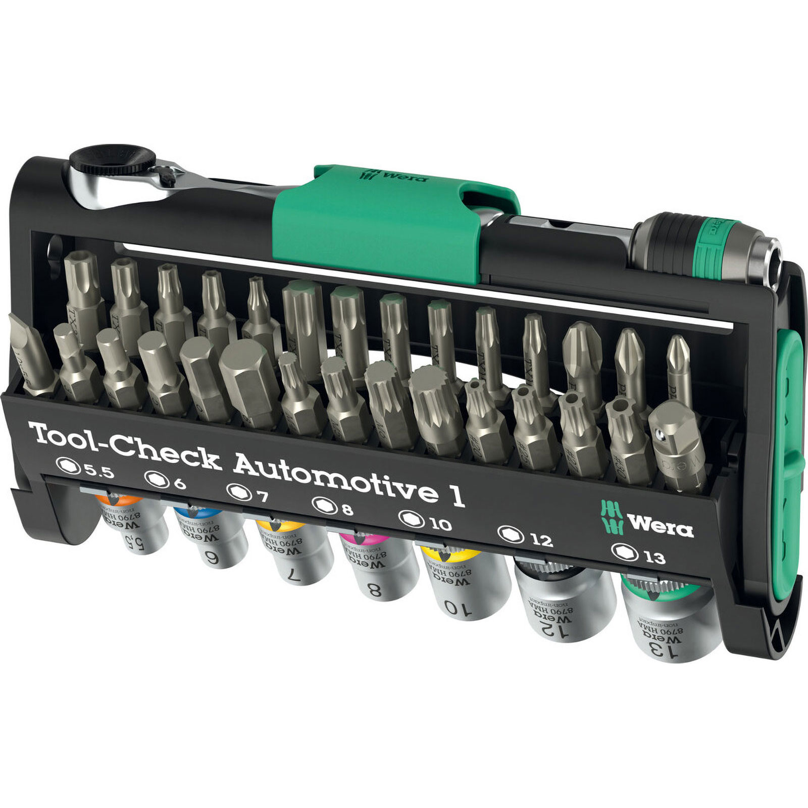 Ein schwarzes Werkzeugset mit verschiedenen silbernen Bits, einem grünen Halter und einer Ratsche. Auf der Vorderseite steht 'Tool-Check Automotive 1'.
