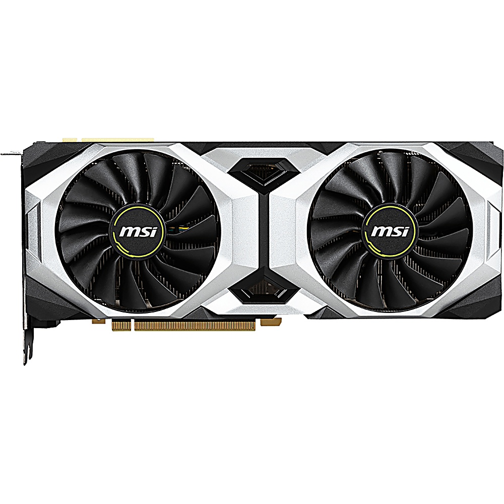 MSI-Grafikkarte mit zwei großen Lüftern. Die Karte hat ein silbernes und schwarzes Design mit dem MSI-Logo auf jedem Lüfter.