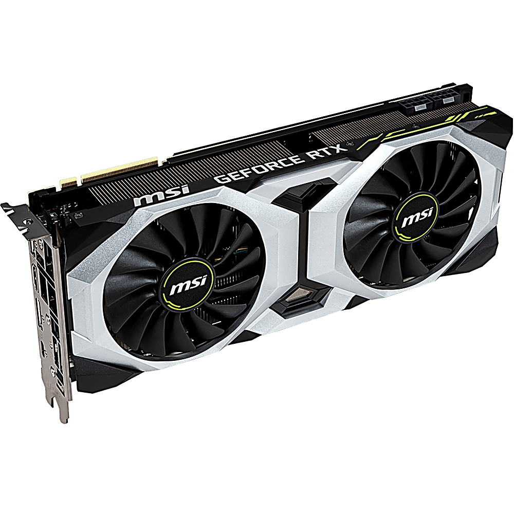 MSI GeForce RTX Grafikkarte. Silber- und Schwarz-Design mit zwei Lüftern. "MSI"-Logo sichtbar. "GEFORCE RTX"-Text ebenfalls sichtbar.