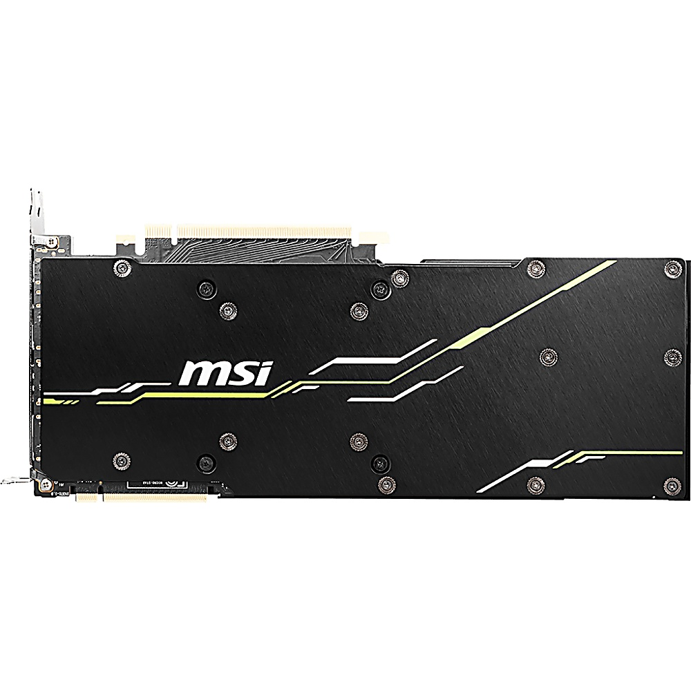 MSI-Grafikkarte. Schwarzes und gelbes Design mit dem 'msi'-Logo. Schrauben sichern die Komponenten. Weißer Hintergrund.