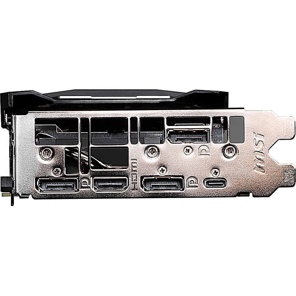 Nahaufnahme einer silbernen und schwarzen MSI-Grafikkarte. Zu den Anschlüssen gehören HDMI, DisplayPort und USB-C. Die Karte hat eine Metallrückplatte.