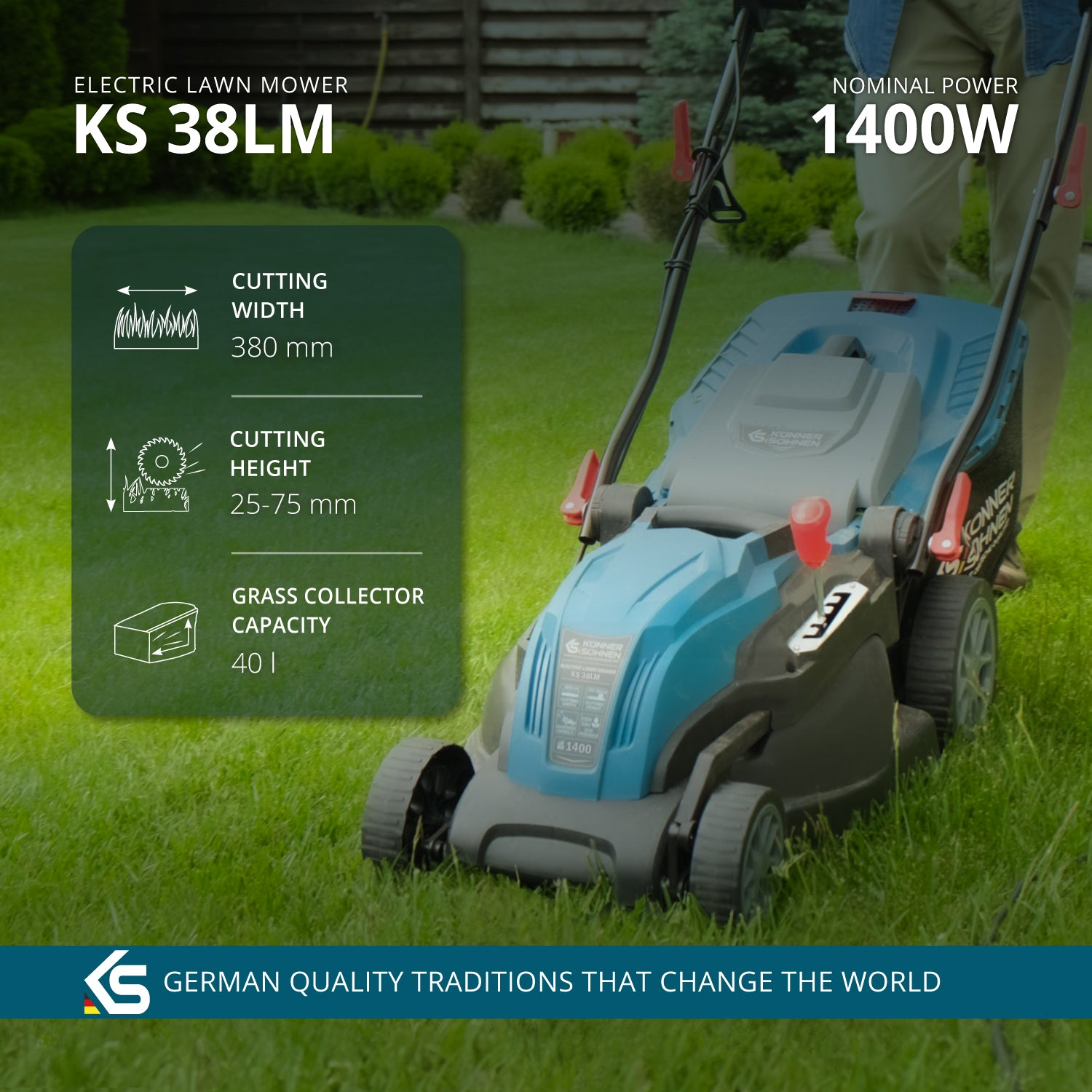 Kosiarka elektryczna na trawie. Ma niebiesko-czarny korpus, z marką KS 38LM. Osoba trzyma kosiarkę.