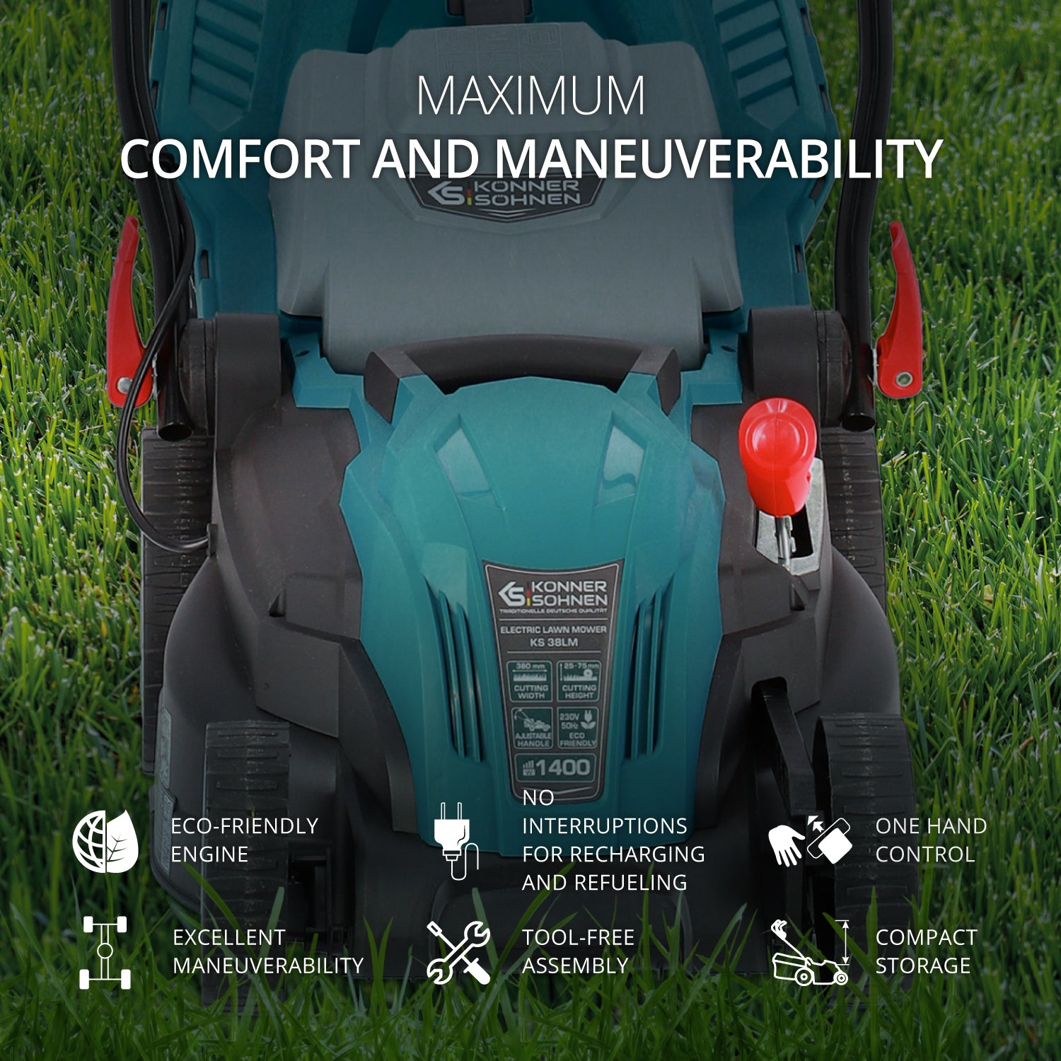 Turkusowa kosiarka do trawy z czerwonymi dźwigniami na zielonej trawie. Tekst zawiera 'Komfort', 'Zwrotność' i specyfikacje.