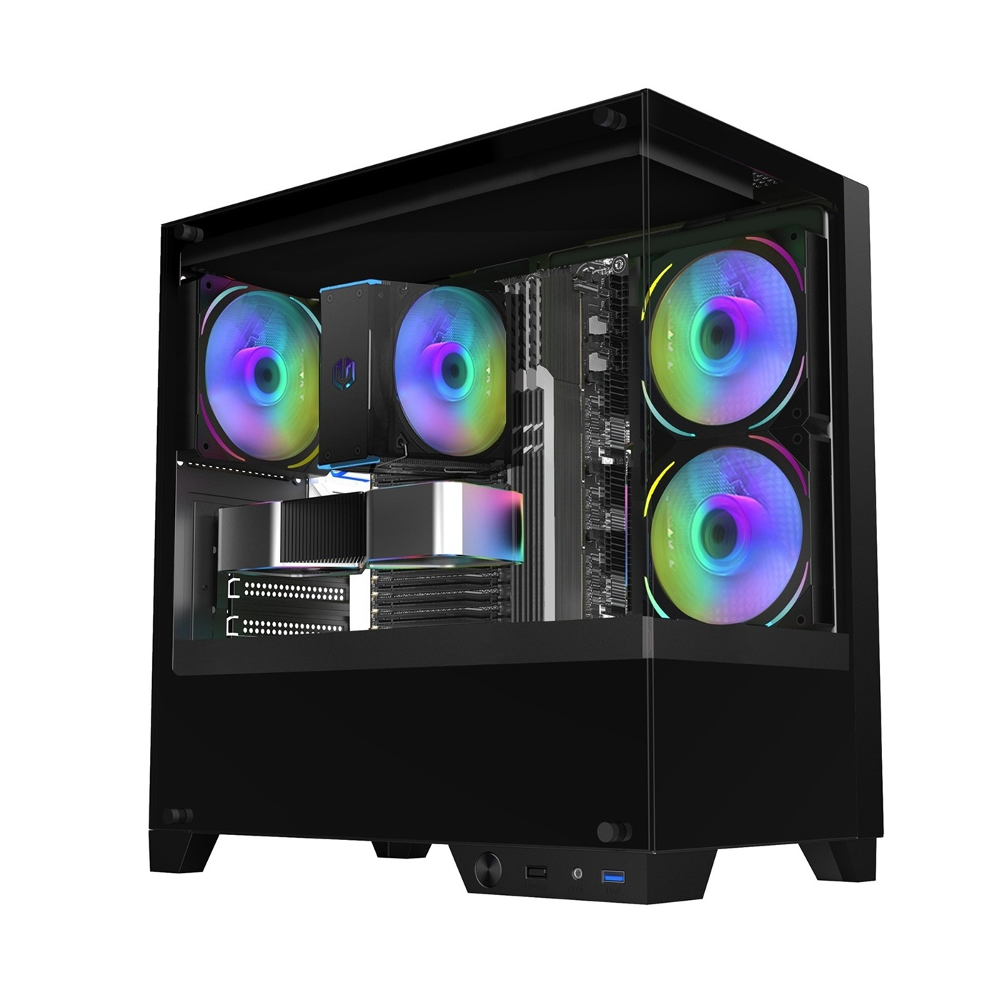 Un case per computer nero con pannello laterale in vetro, che mostra i componenti interni. Ventole illuminate ad arcobaleno e altri componenti sono visibili.
