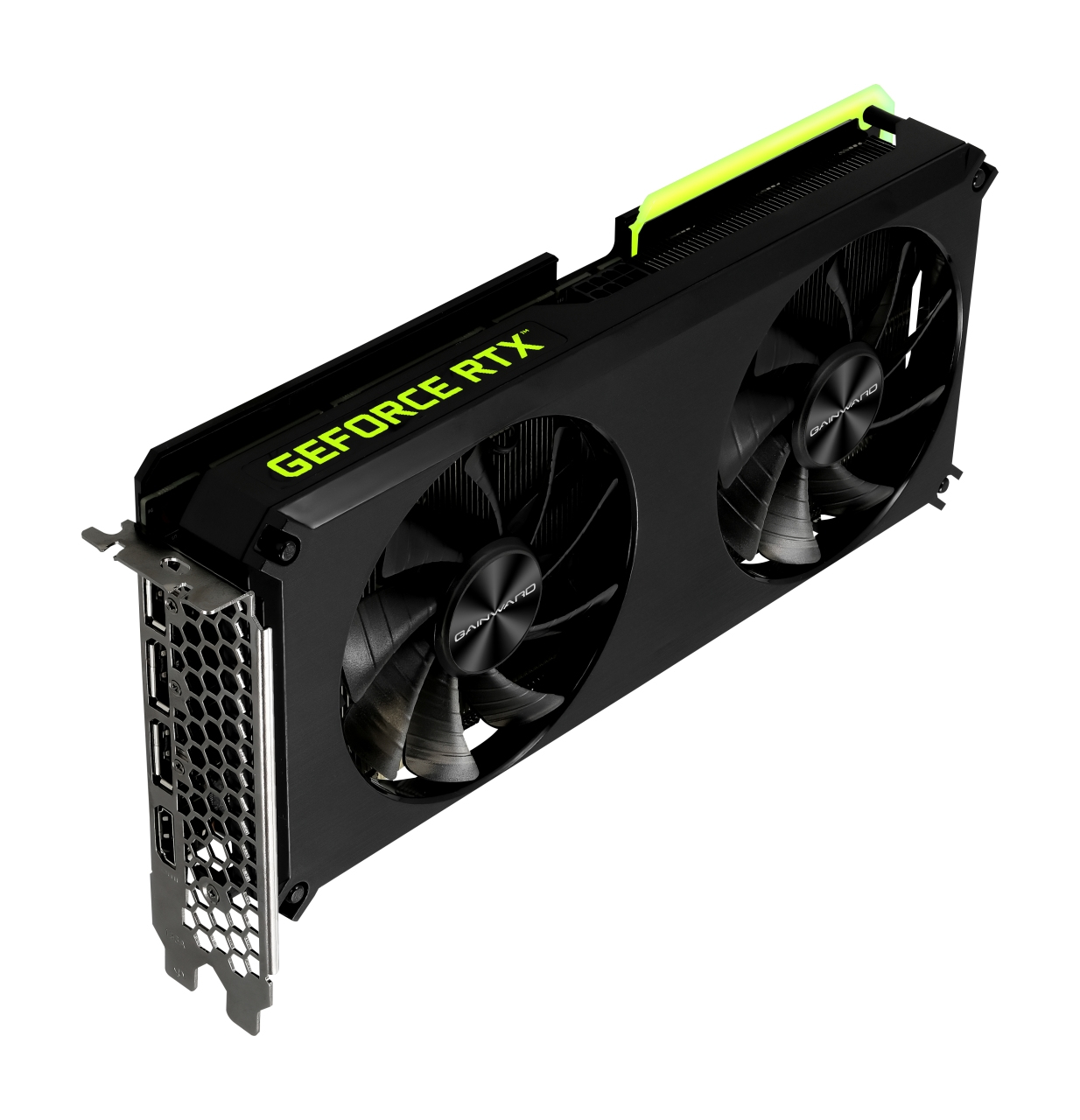 Scheda grafica nera e verde neon. Ha due ventole, il nome GEFORCE RTX e il marchio GAINWARD.