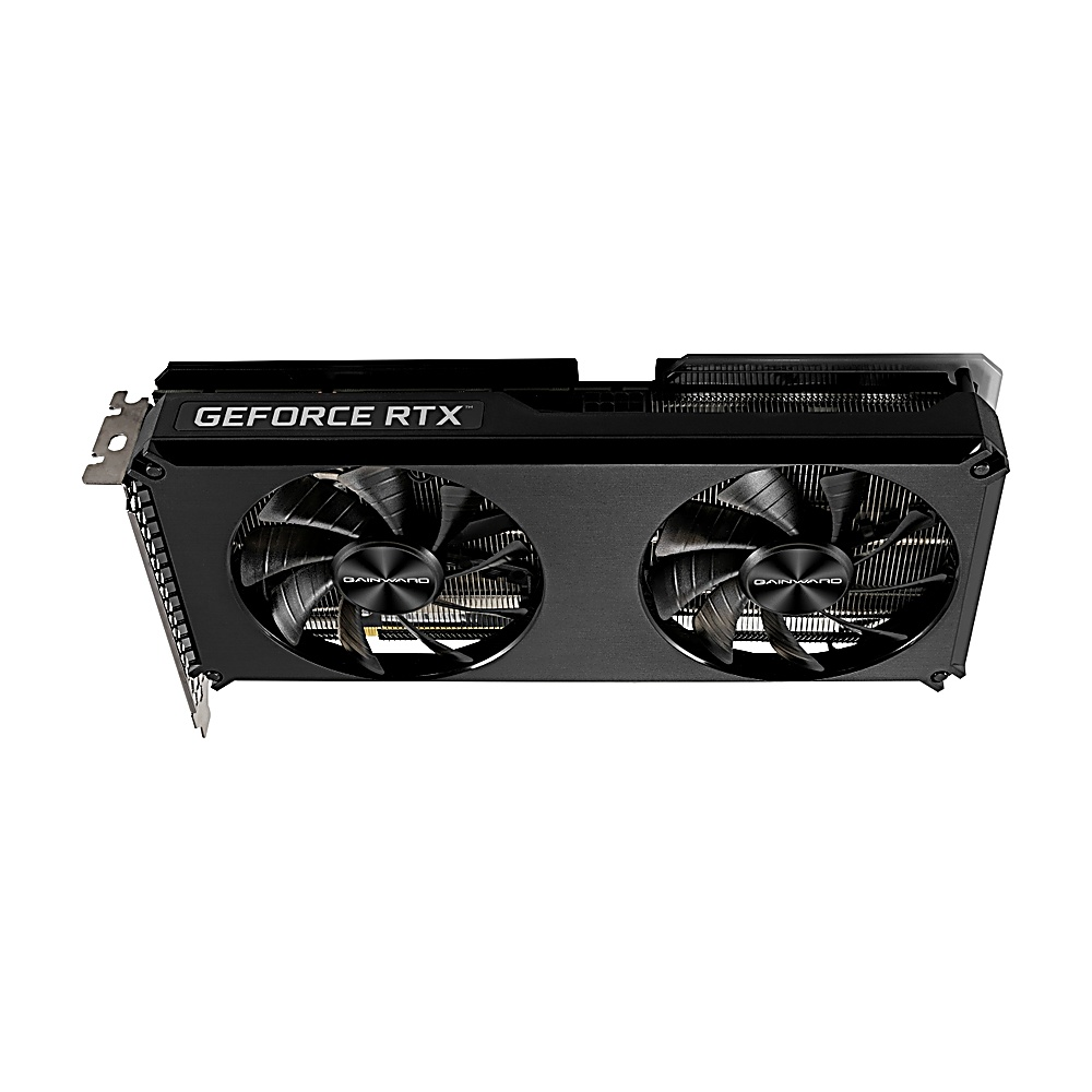 Scheda grafica Gainward GeForce RTX nera con due ventole. Porta il nome GeForce RTX.