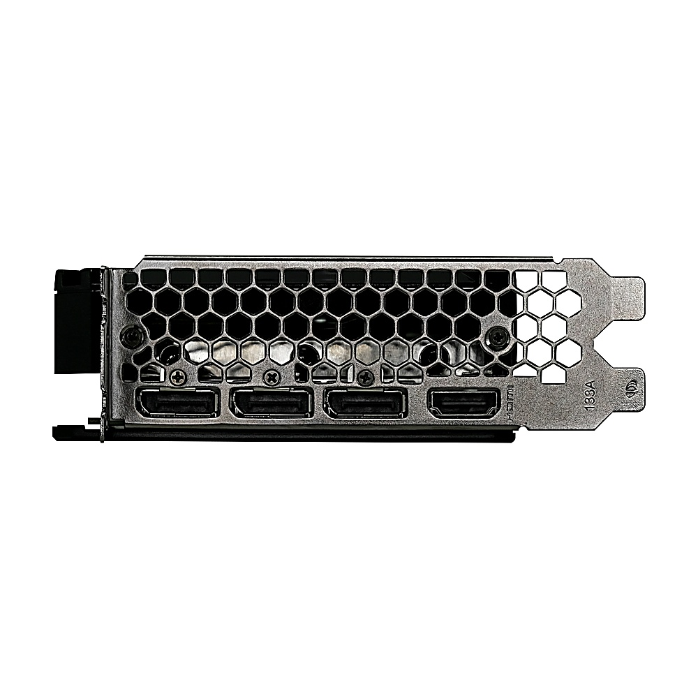 Una scheda grafica con più porte. Ha un motivo a nido d'ape e le porte sono HDMI e DisplayPort. La scheda è argentata e nera.