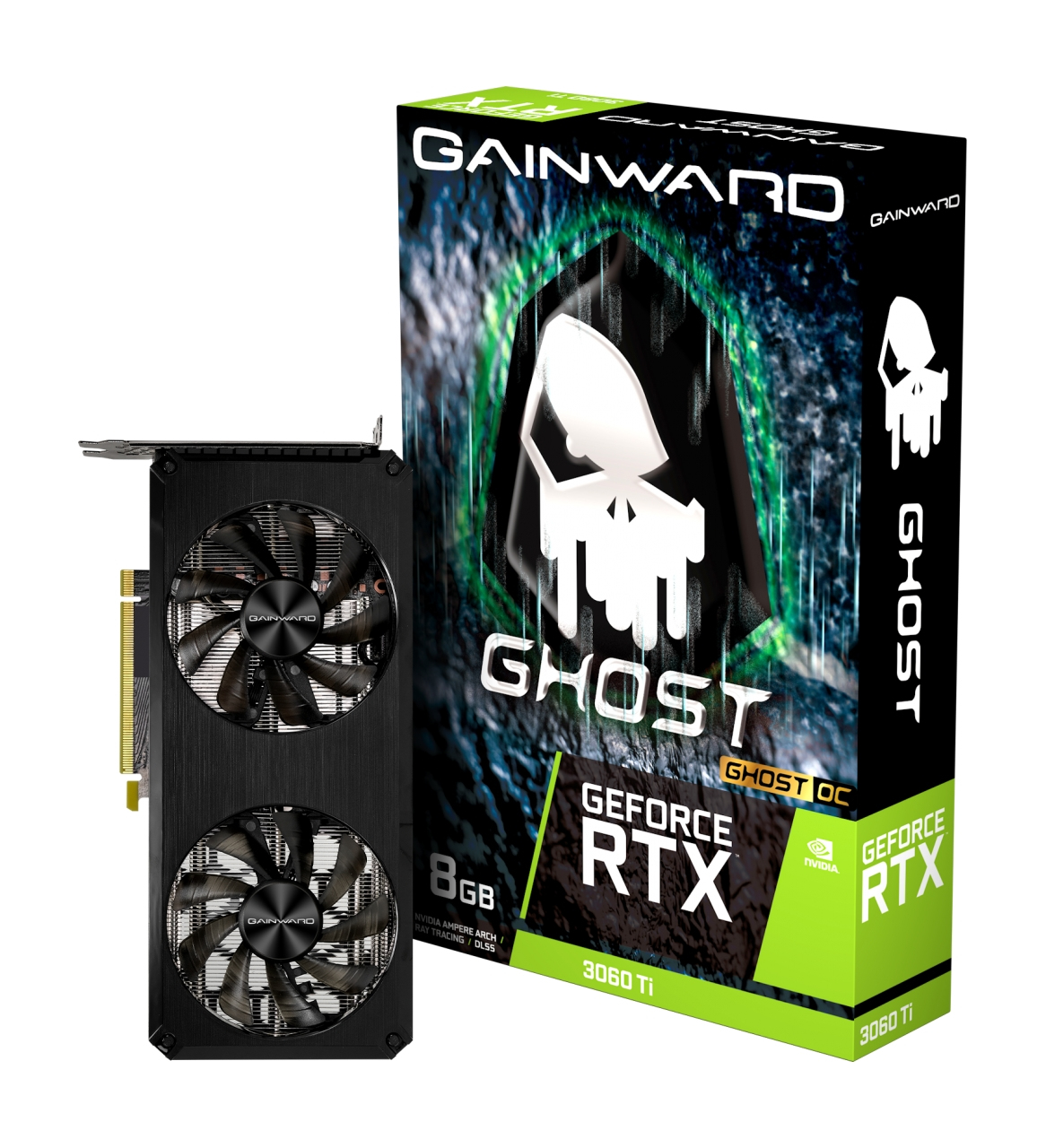 Una scheda grafica Gainward Ghost RTX 3060 Ti nera e la sua scatola. La scatola presenta un design a teschio e il logo GeForce RTX.