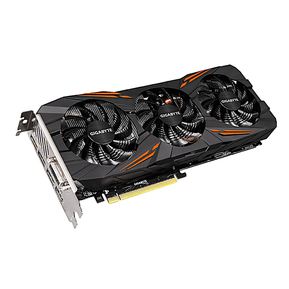 Eine schwarz-orangefarbene Gigabyte-Grafikkarte mit drei Lüftern. Die Karte hat einen silbernen Anschluss und ist auf weißem Hintergrund isoliert.