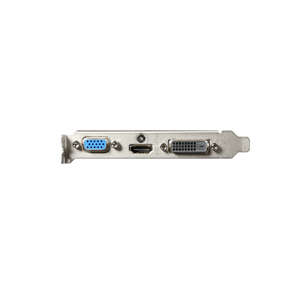 Una scheda grafica argentata con porta VGA blu, porta HDMI e porta DVI su sfondo bianco.