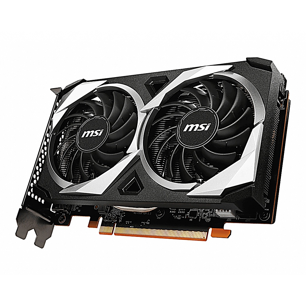 Una scheda grafica MSI nera e argento con due ventole, il logo MSI e un circuito stampato.