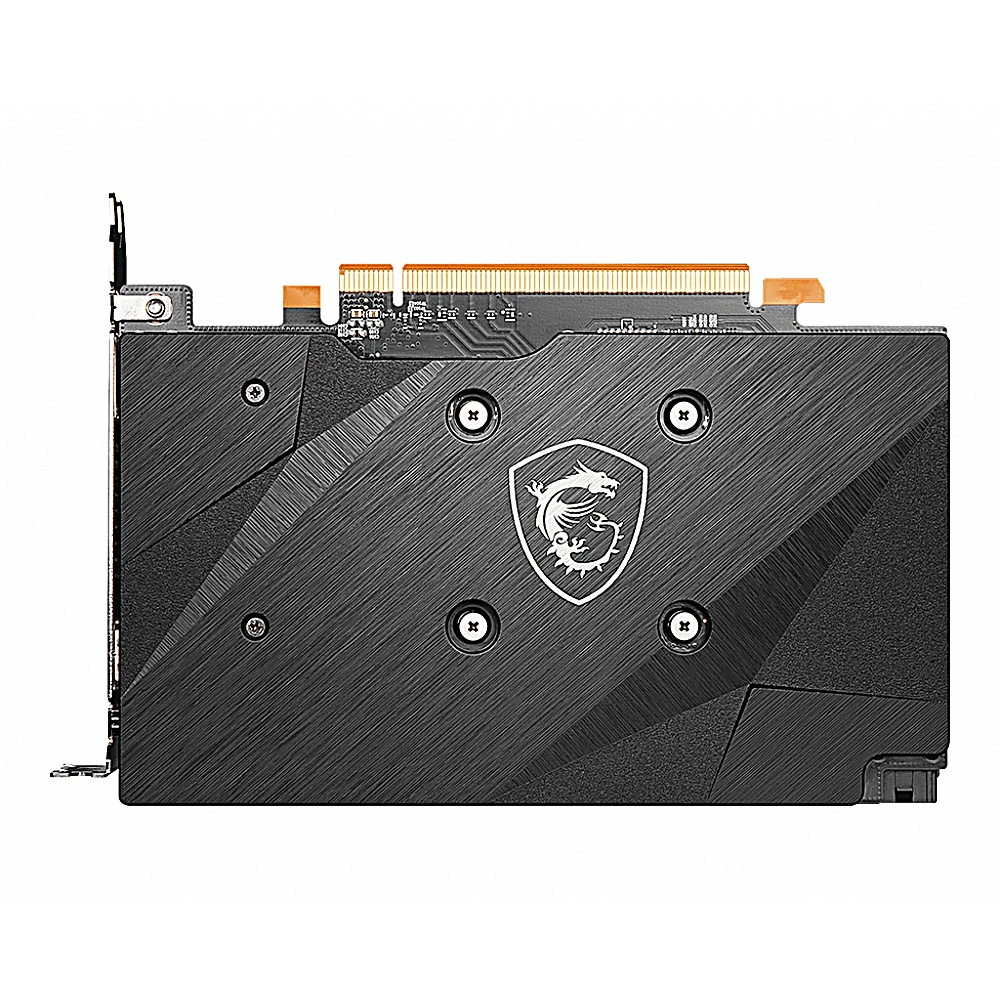Una scheda grafica MSI nera su sfondo bianco. Presenta un logo a drago e viti. La scheda ha connettori dorati.