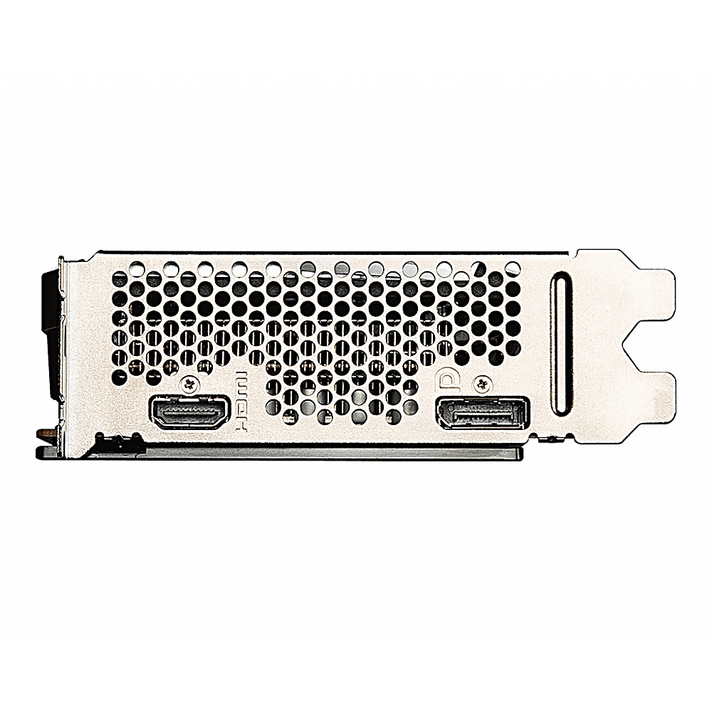 Una scheda grafica per computer argentata. Ha più porte, tra cui HDMI e USB. La scheda ha un design in metallo perforato.