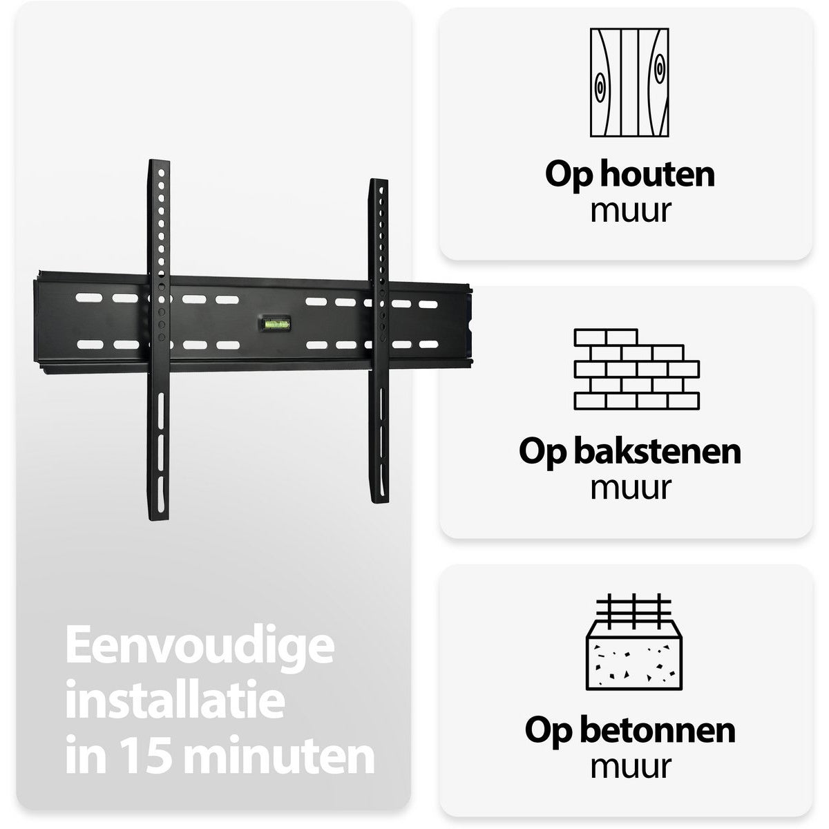 A black TV wall mount with diagrams for installation on wood, brick, and concrete walls. Text says easy installation in 15 minutes.