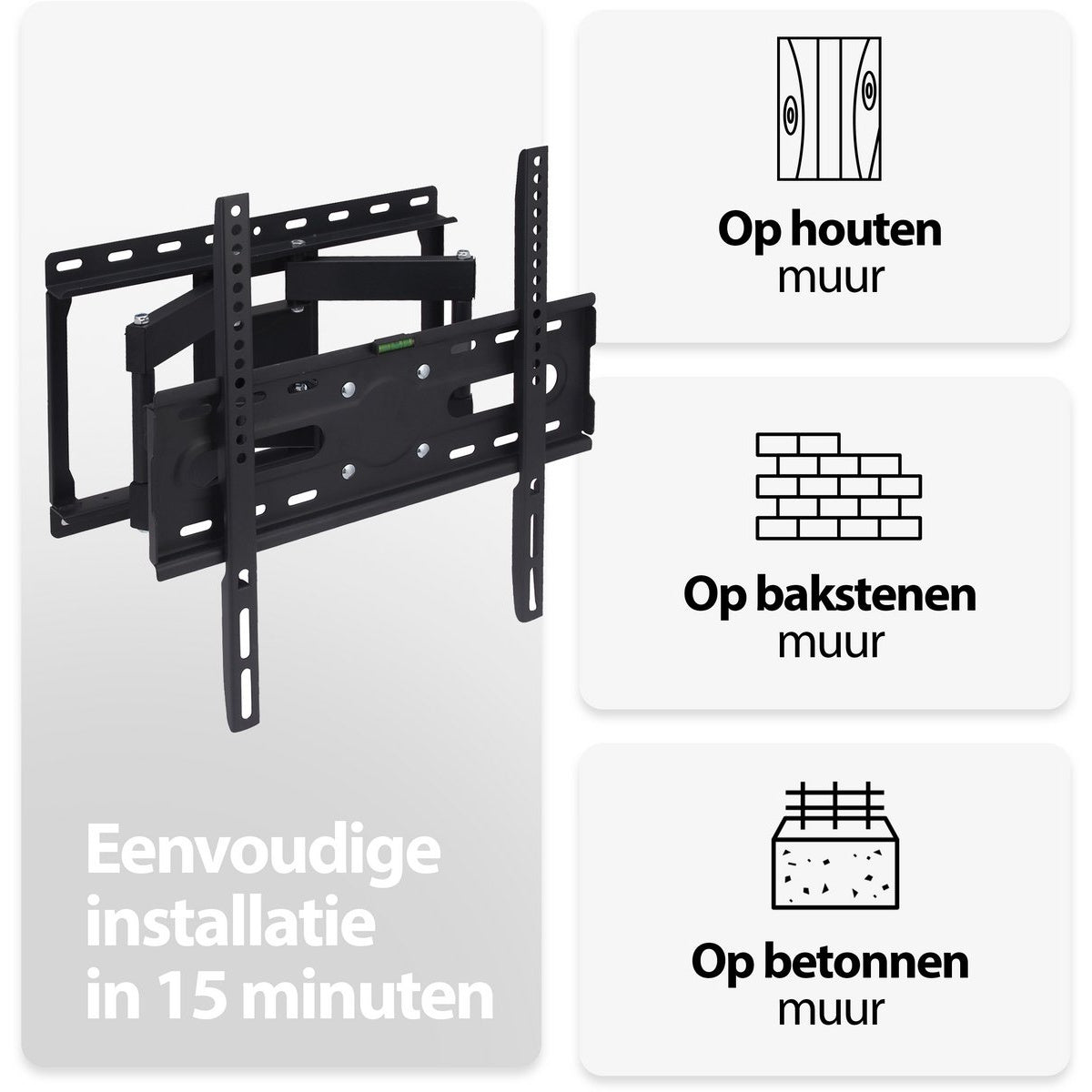 A black TV wall mount is shown. Text says: Easy installation in 15 minutes. Illustrations for wooden, brick, and concrete walls.