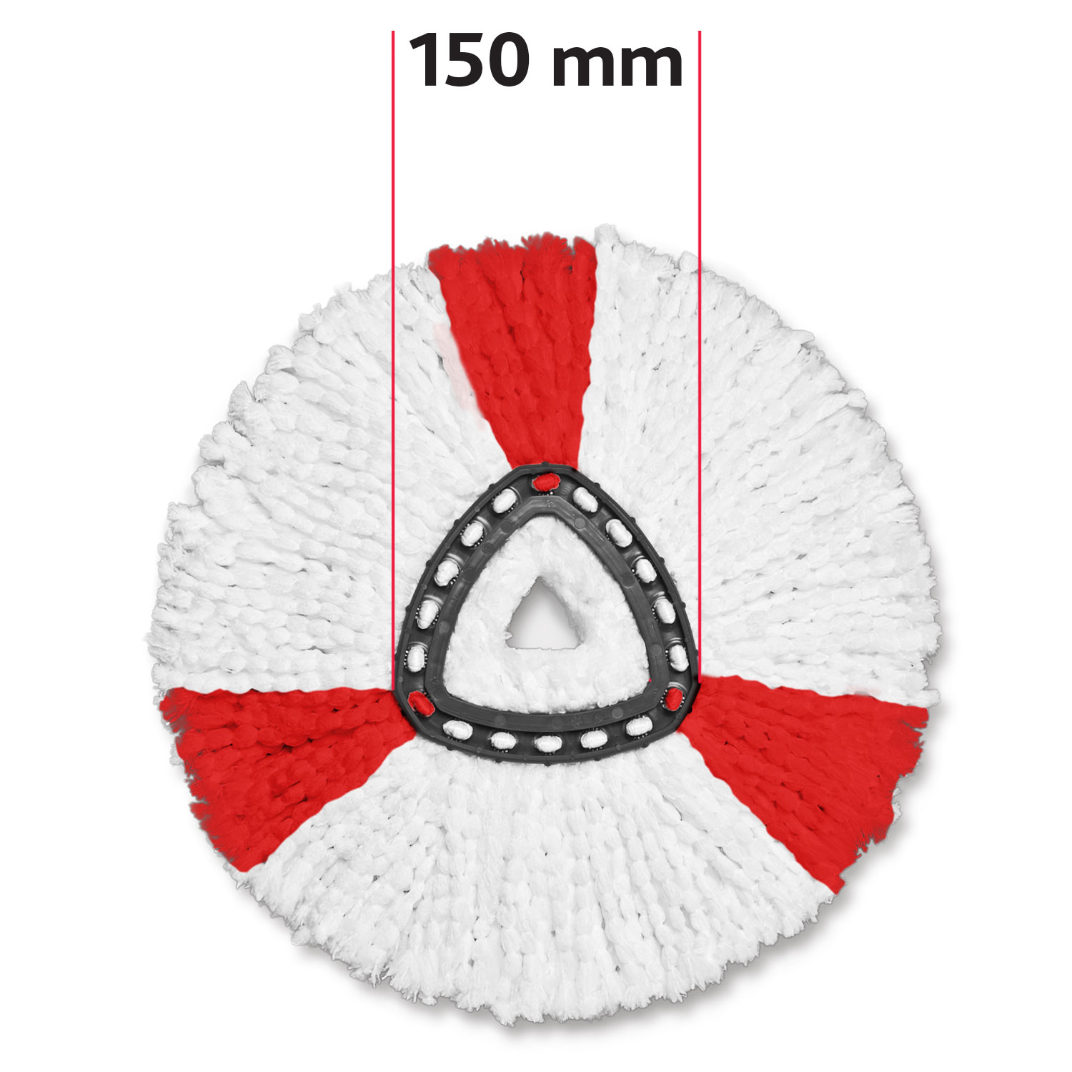 Cabezal de fregona circular con microfibra blanca y secciones rojas. Un triángulo de plástico negro en el centro. El texto dice '150 mm'.