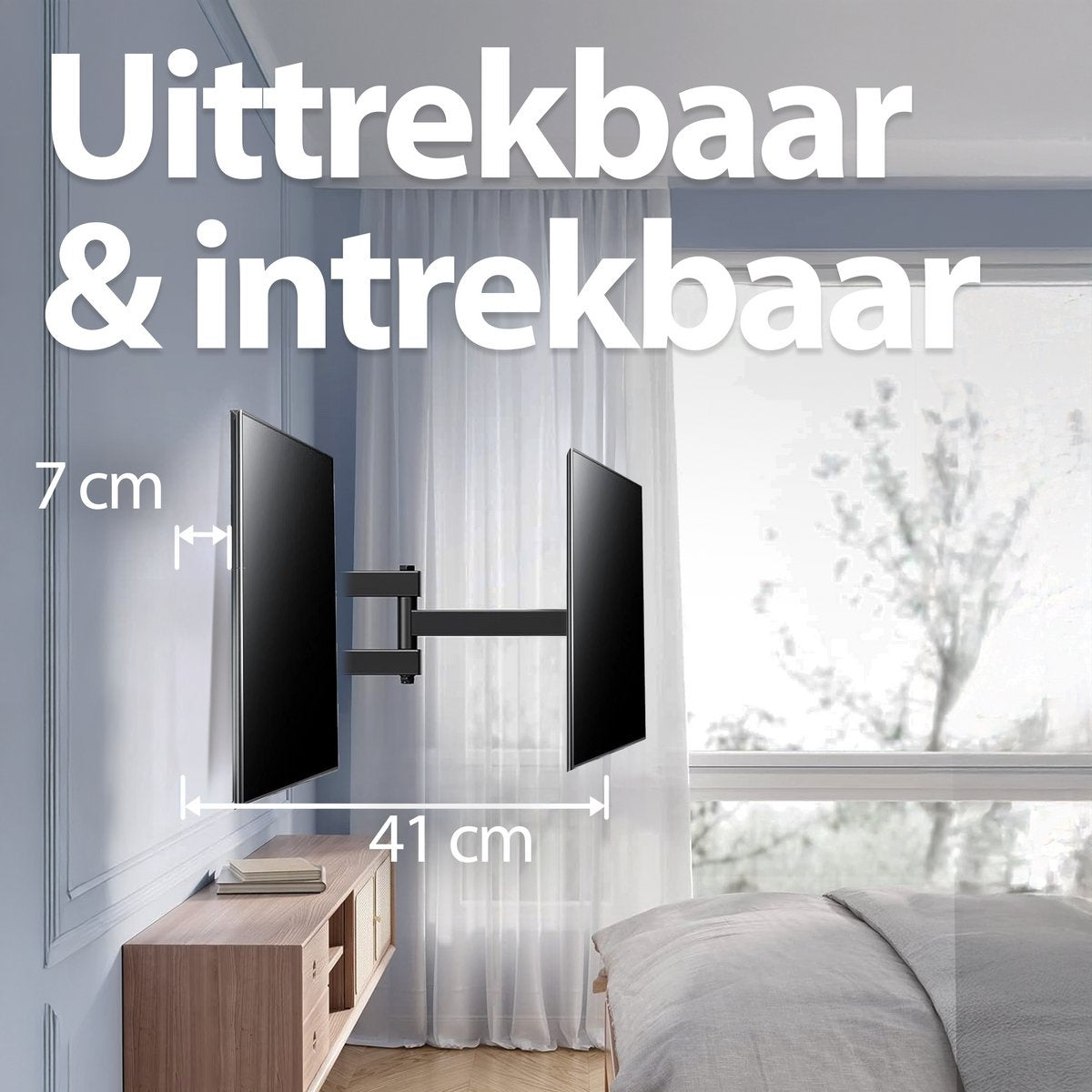 Two black TVs are mounted on a wall. A wooden cabinet is below, and a bed is in the background. The text says 'Uittrekbaar & intrekbaar'.