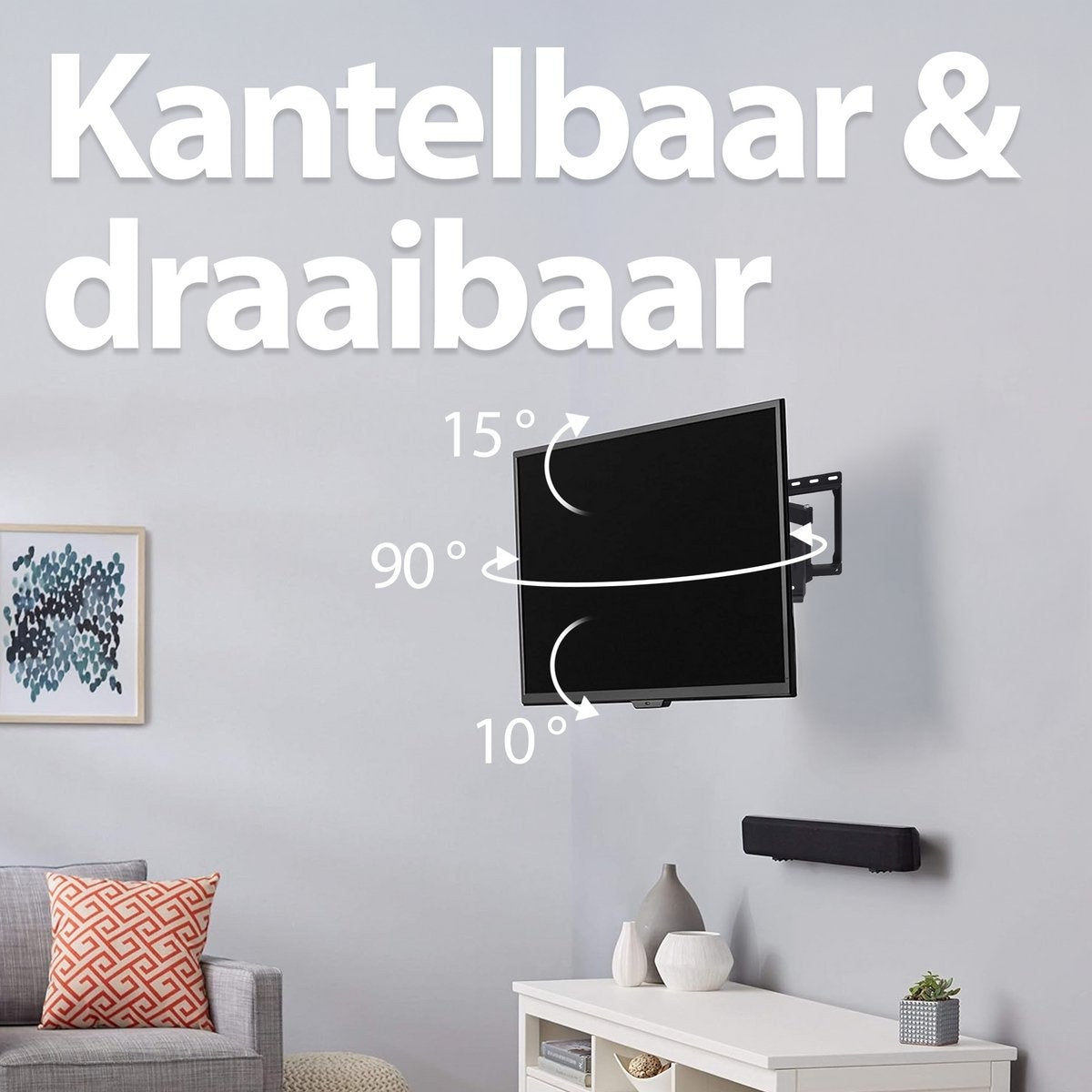 TV mounted on wall, labeled 'Kantelbaar & draaibaar'. Shows rotation angles. Furniture, art, and speaker below the TV.
