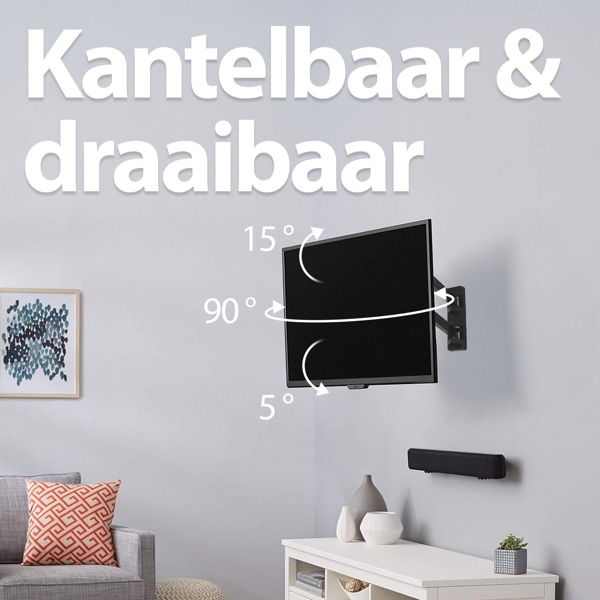 A TV is mounted on a wall, with arrows showing tilt angles. The wall has art and a sofa. A white table has vases and a speaker.