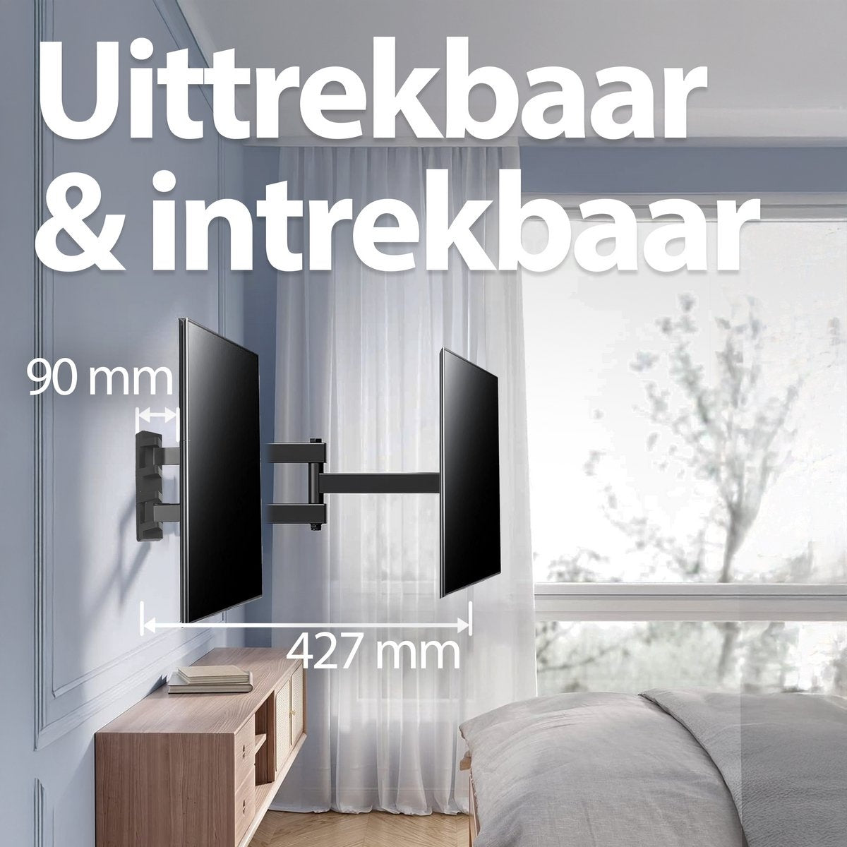 A wall-mounted TV bracket with two extending arms. Dimensions are shown. Text says 'Uittrekbaar & intrekbaar'.