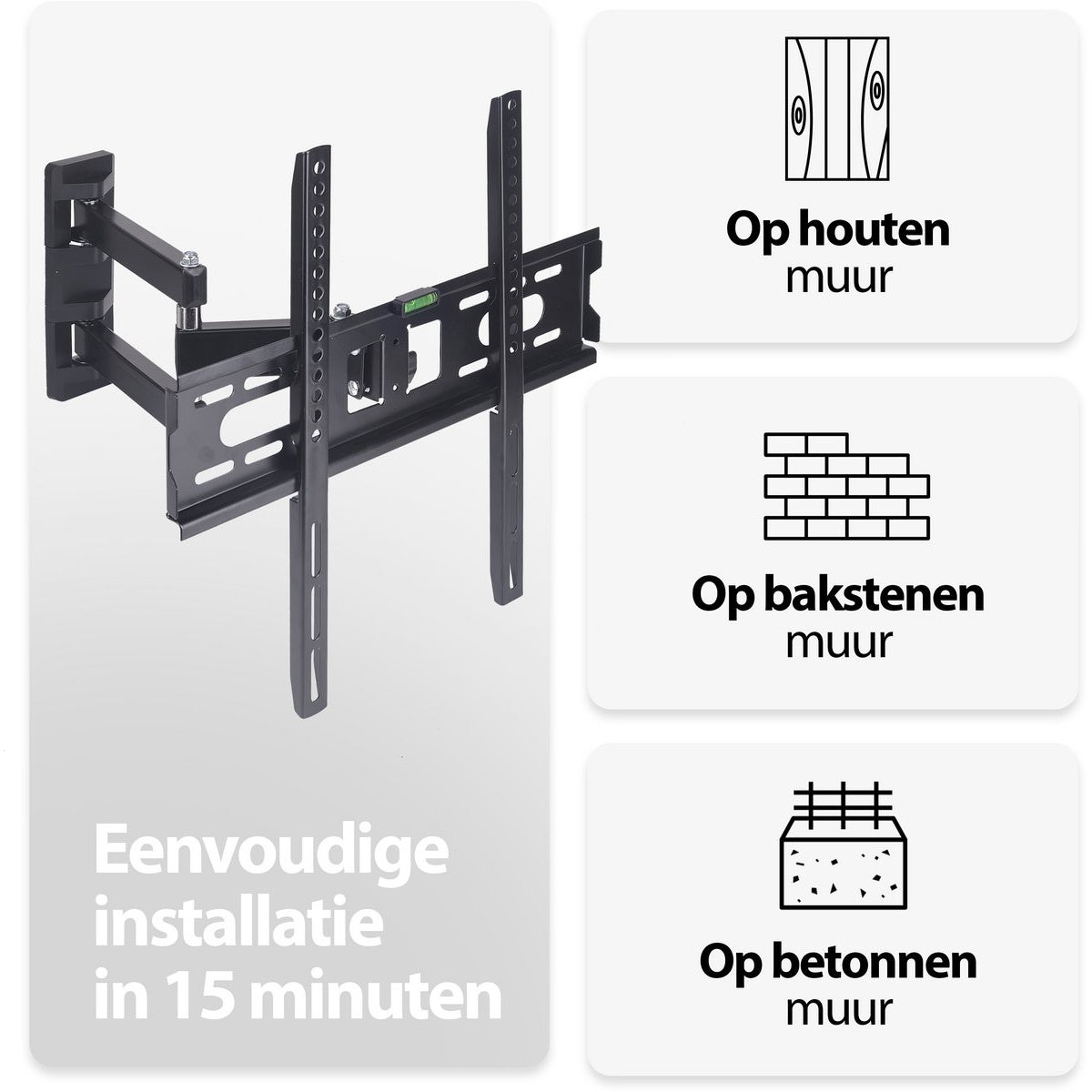A black TV wall mount with text indicating easy installation in 15 minutes. Icons show suitable wall types: wood, brick, concrete.