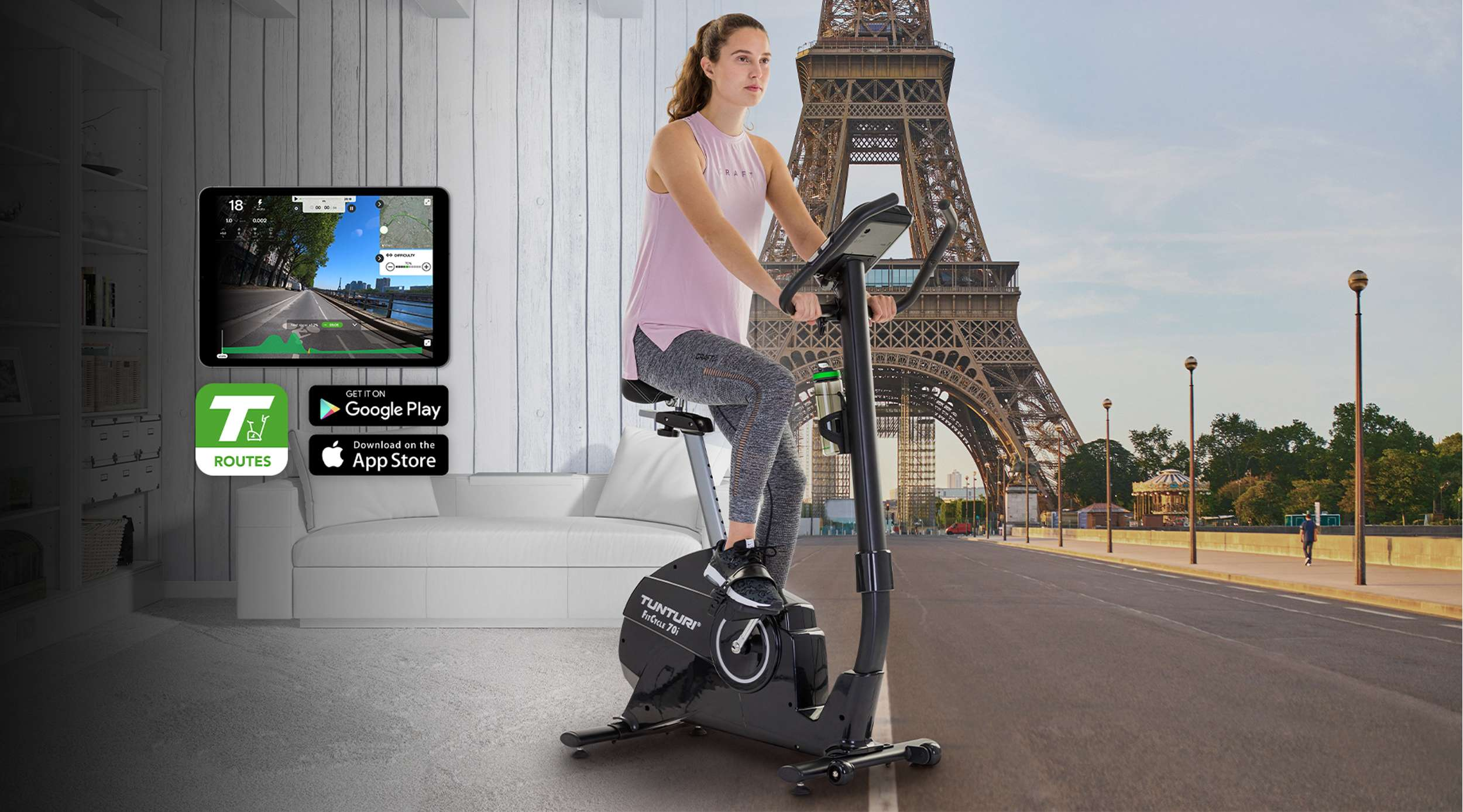 Een vrouw traint op een hometrainer met de Eiffeltoren op de achtergrond, een tablet toont een fietsroute. App download logo's worden getoond.