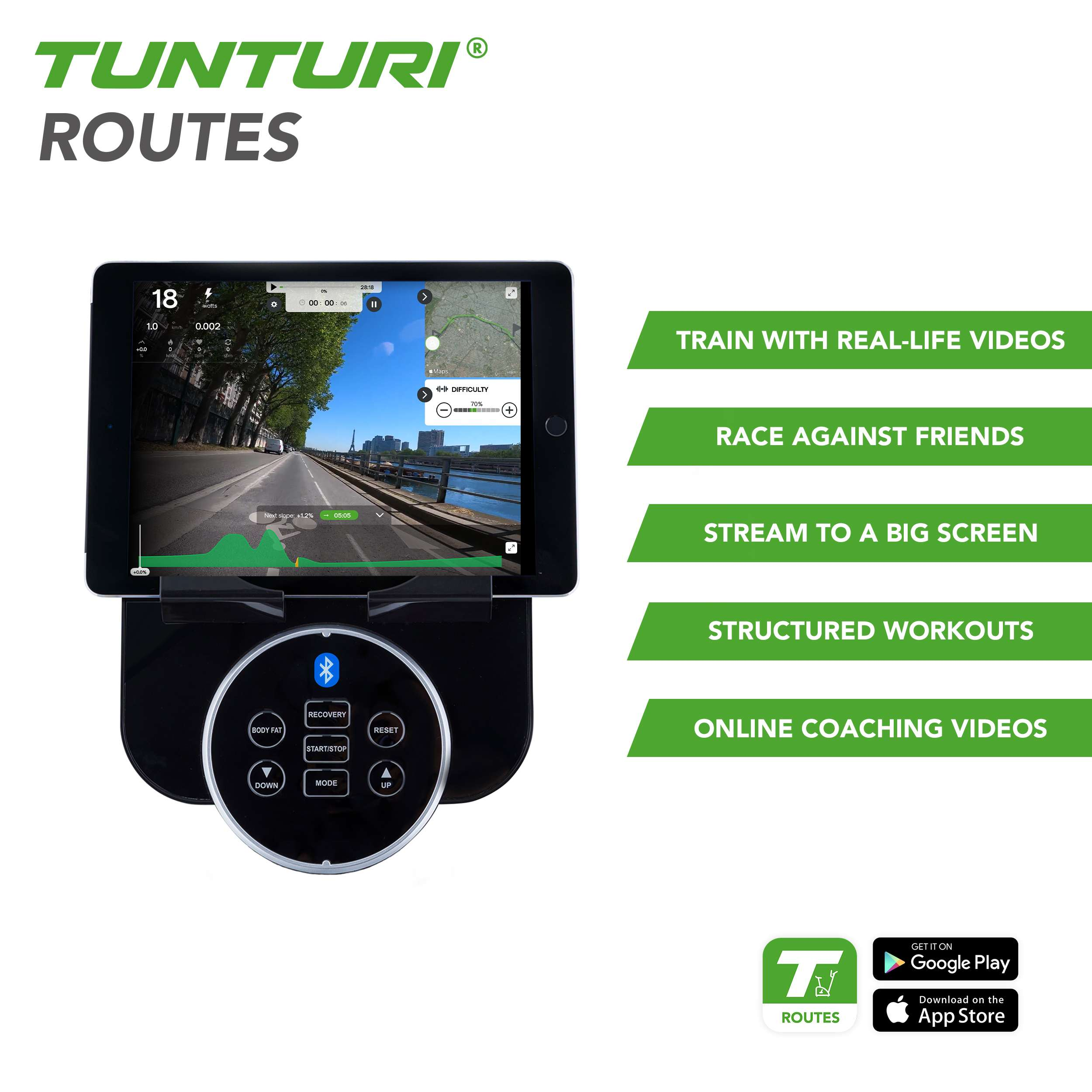 Een tablet toont een video van een fietsroute. Het scherm toont snelheid en tijd. Een console heeft knoppen.