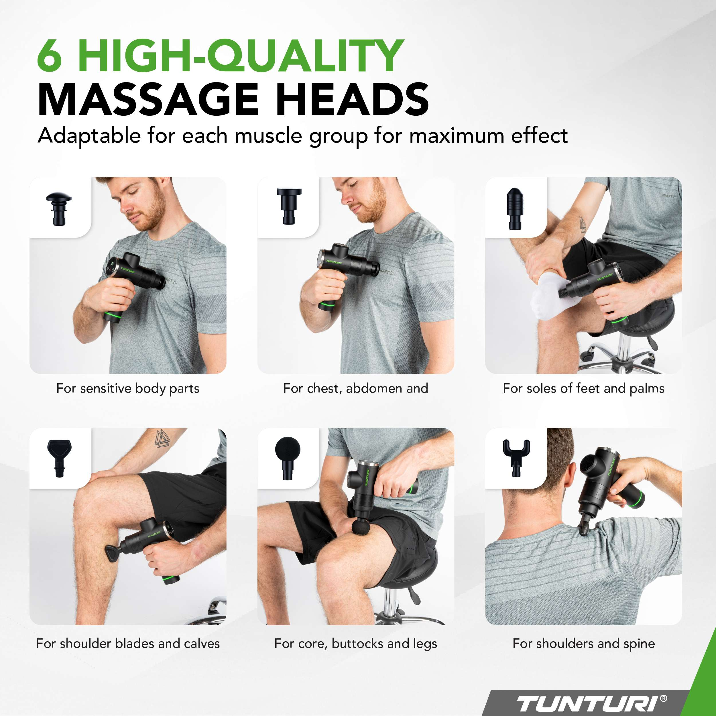 Afbeelding toont 6 massagekoppen met verschillende vormen. Elk wordt gebruikt op specifieke lichaamsdelen, gedemonstreerd door mensen.