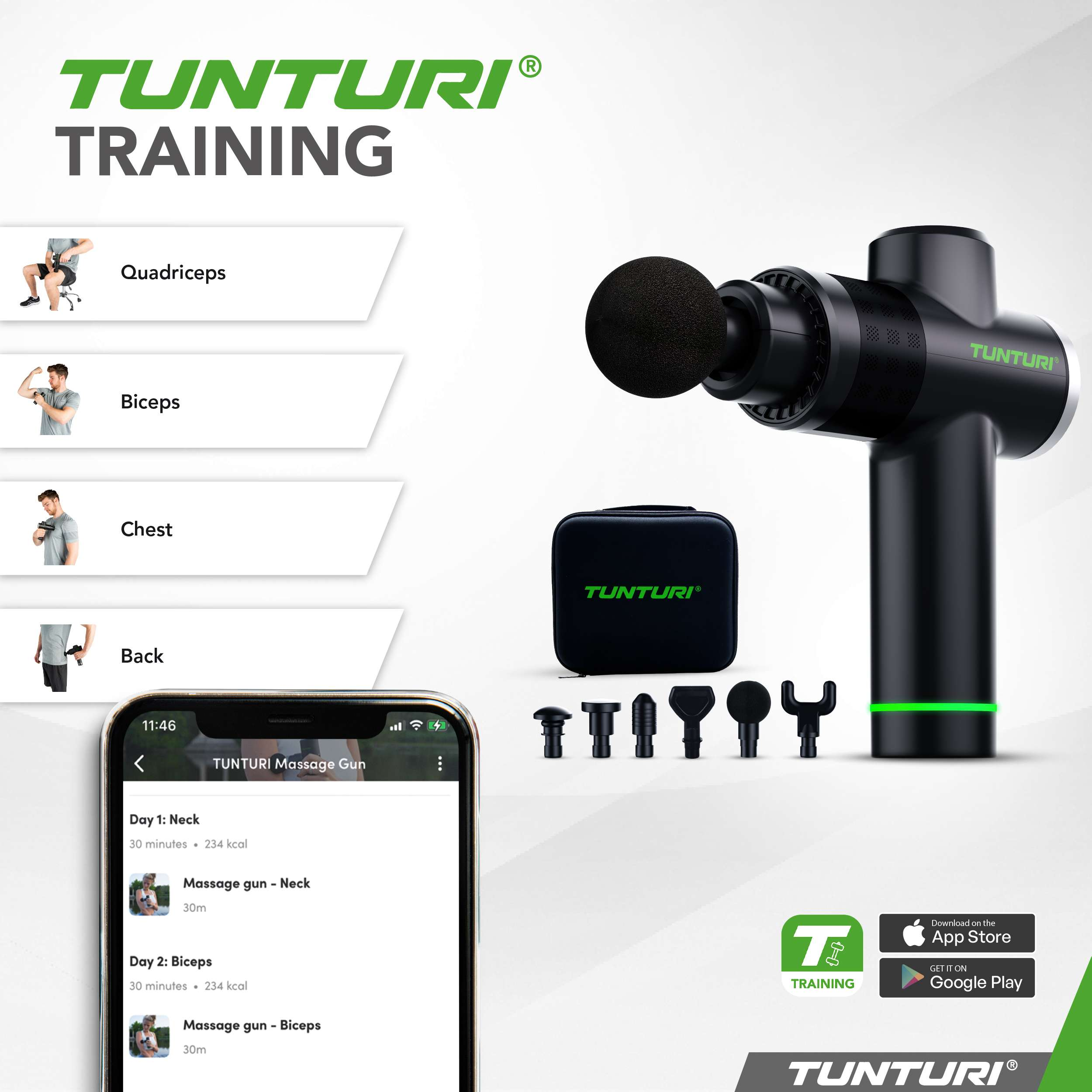 Zwarte Tunturi massagegun met accessoires, telefoon met massage routines en trainingslogo.