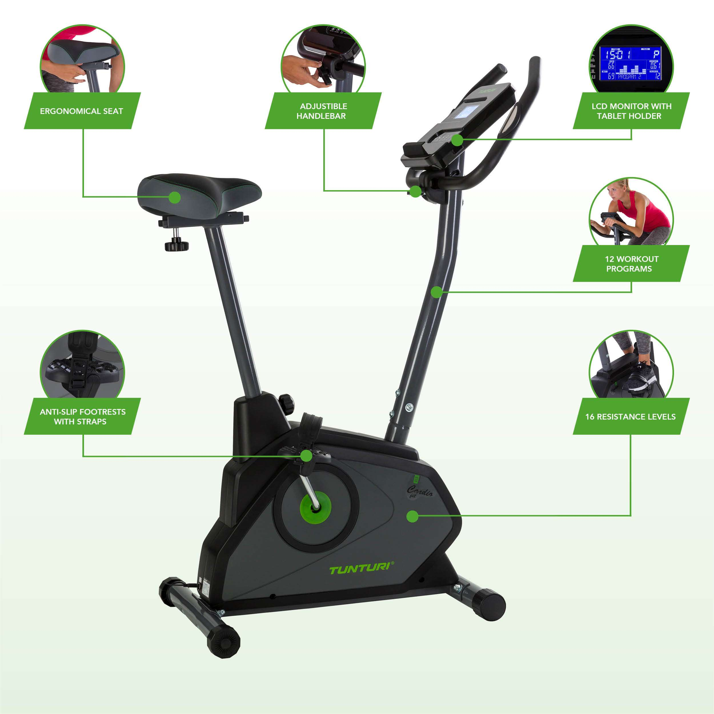 Een hometrainer met ergonomisch zadel, verstelbaar stuur, LCD-monitor en meerdere trainingsprogramma's.