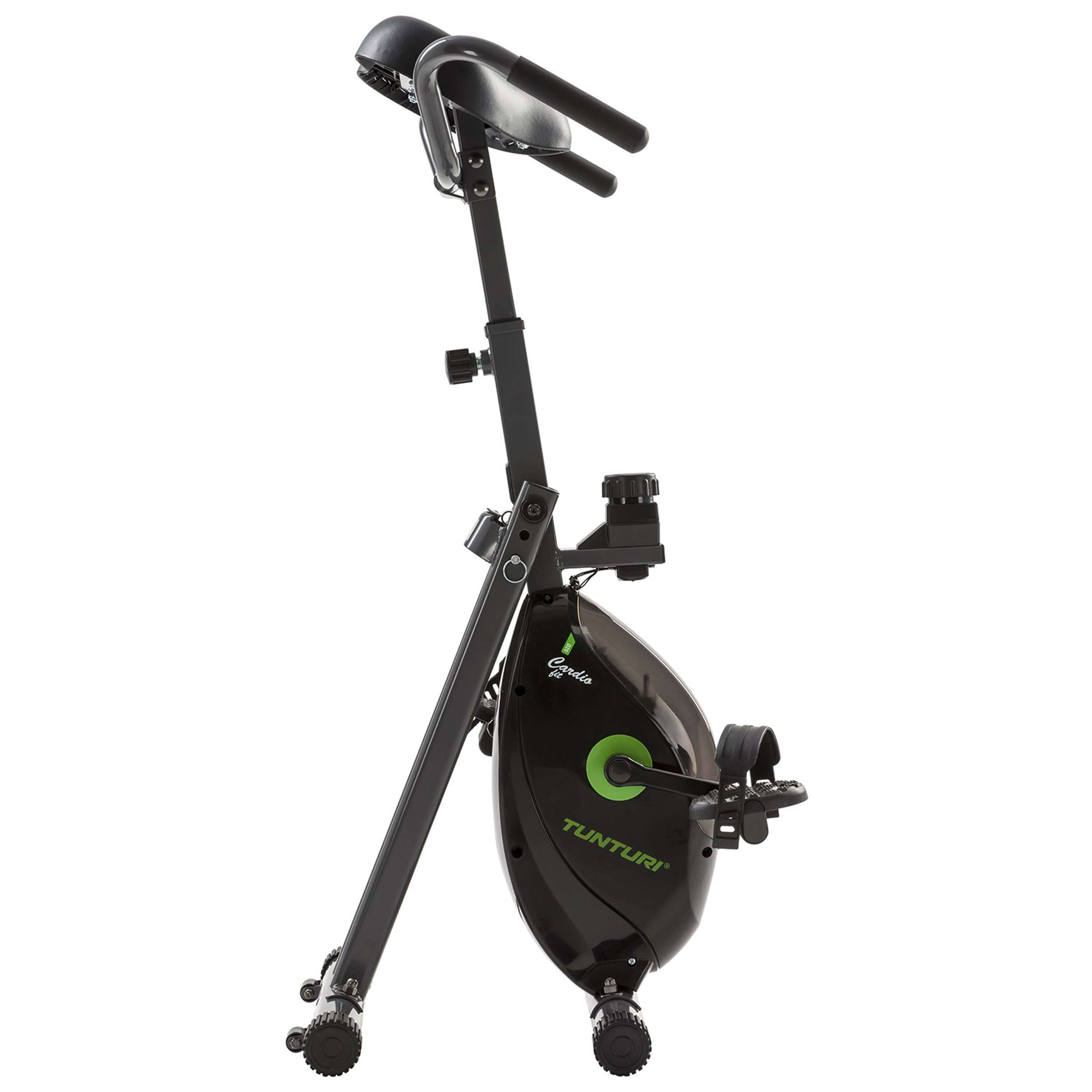 Een zwarte Tunturi Cardio Fit hometrainer met groene accenten, pedalen en een digitaal display.