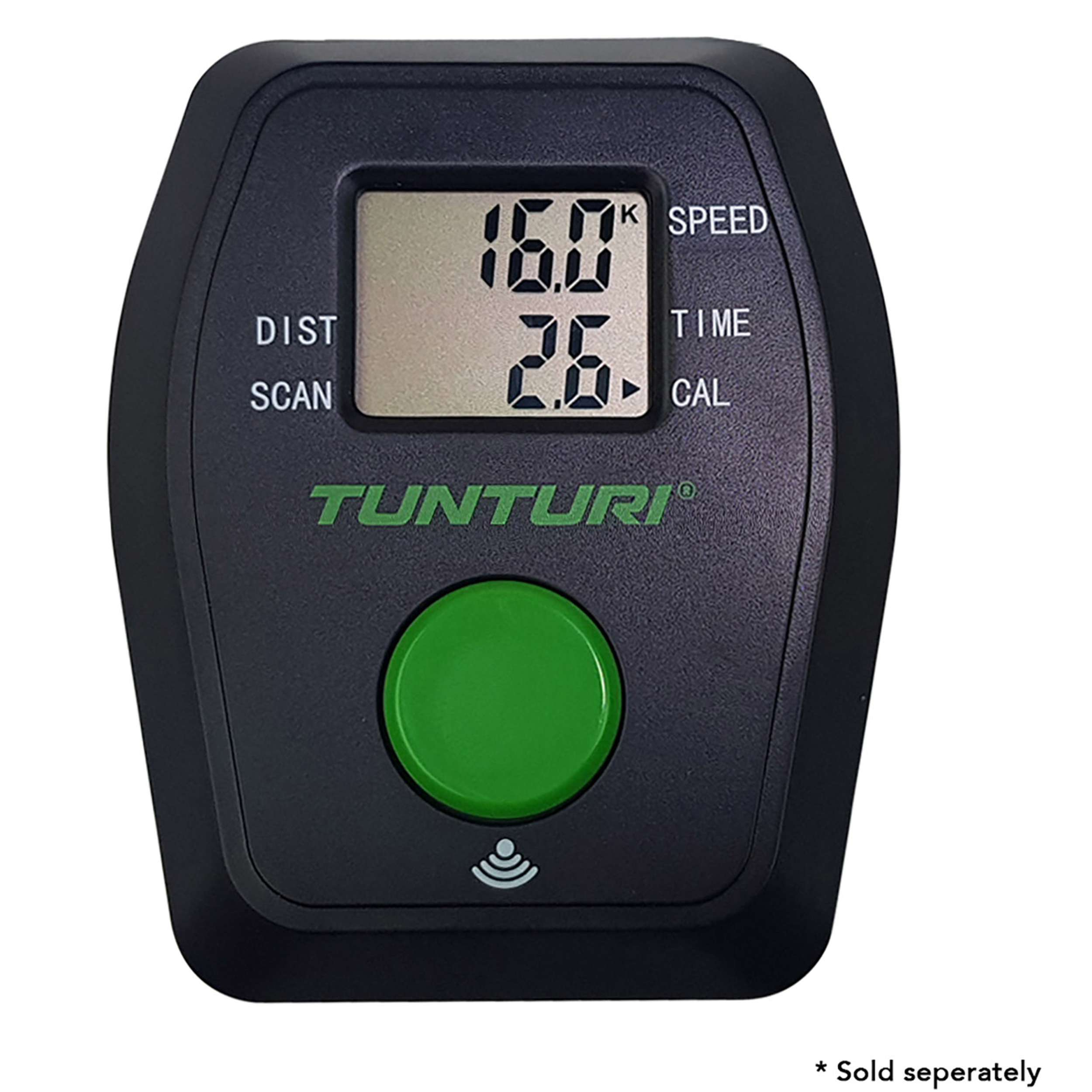 Zwart display van een trainingsmachine. Geeft snelheid 16.0, tijd 2.6 en andere statistieken weer. Groene knop. Tunturi logo.