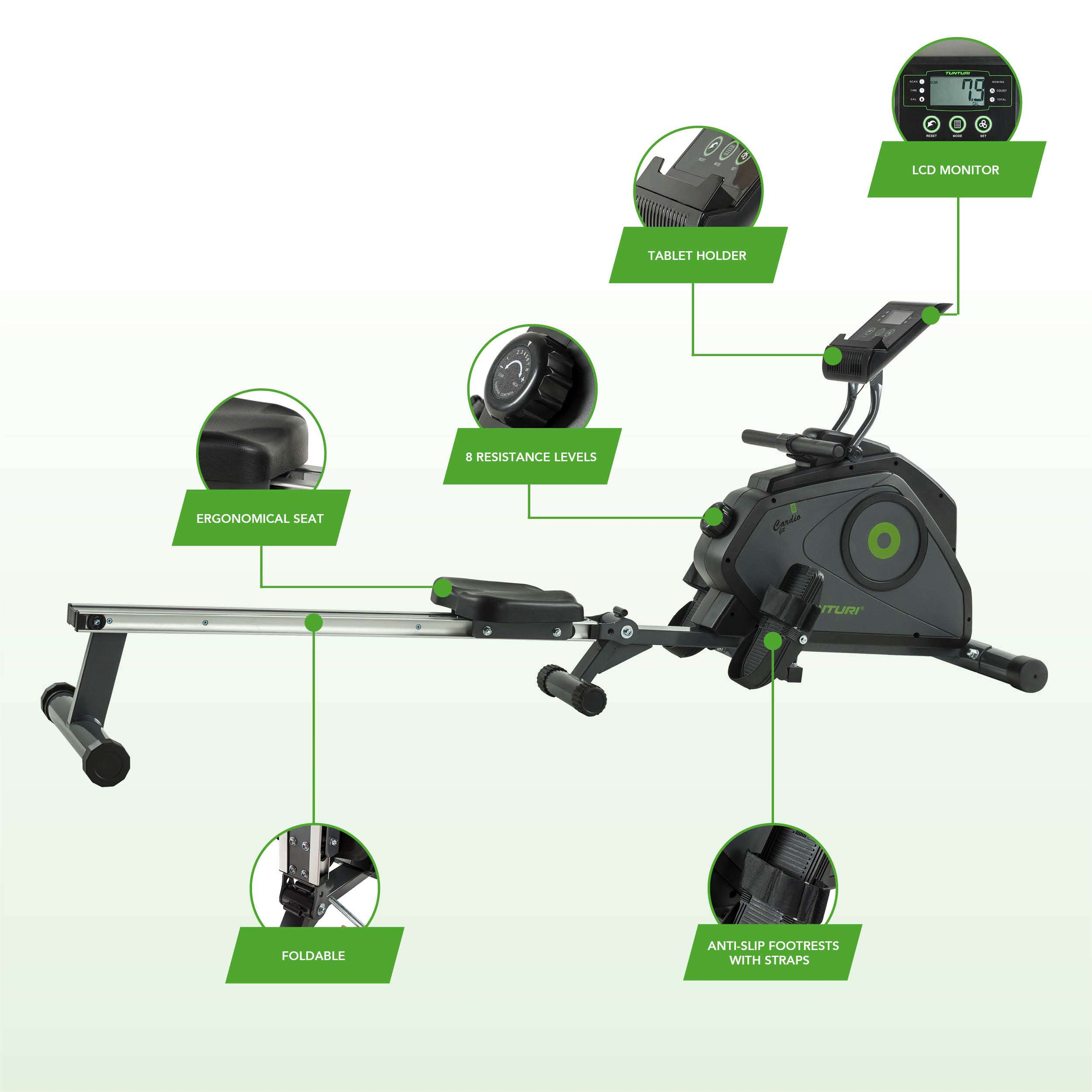 Roeimachine met LCD-monitor, tablethouder, ergonomische zitting en antislip voetsteunen. 8 weerstandsniveaus, opvouwbaar.