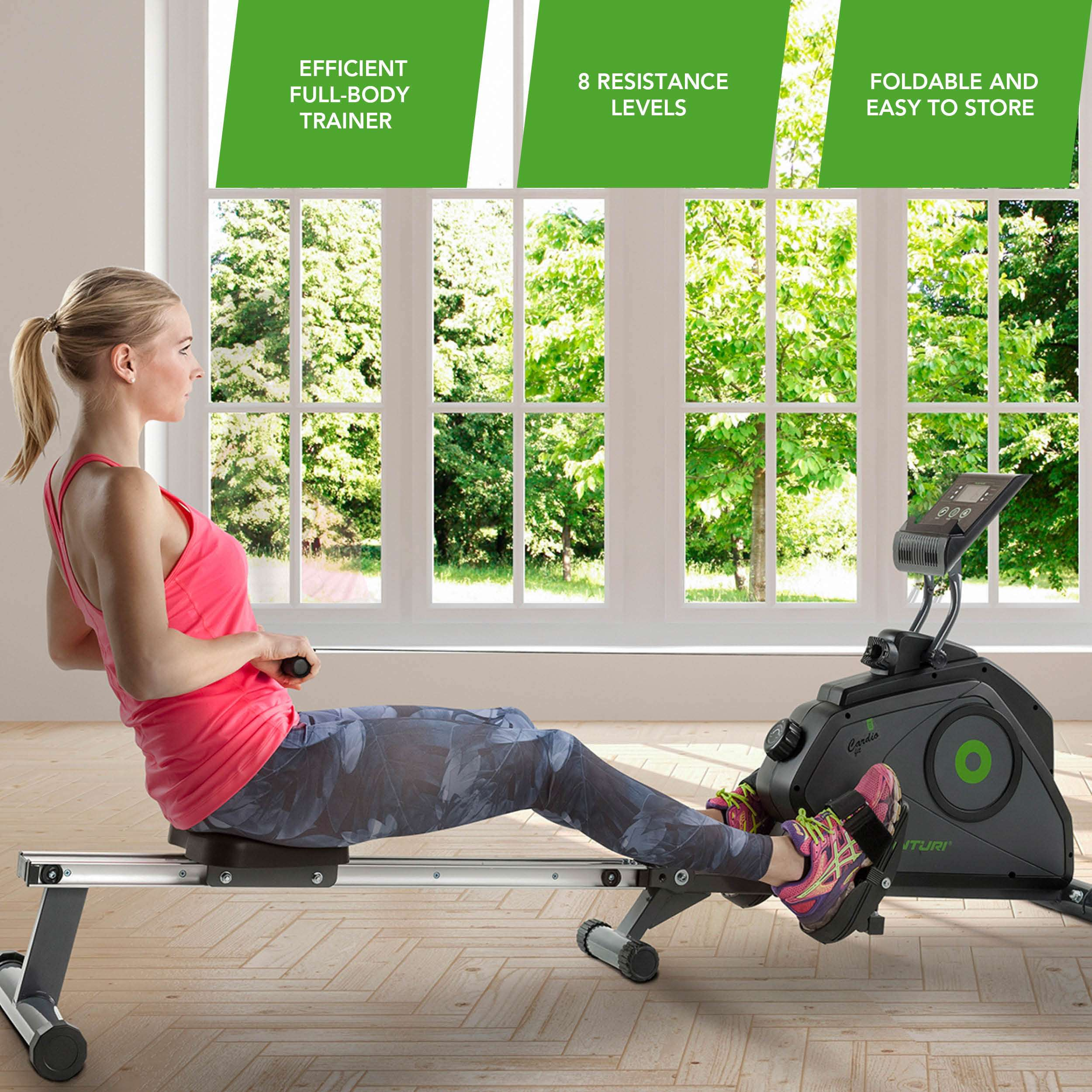 Vrouw op een roeimachine. Groene tekstvakken zeggen 'Efficiënte full-body trainer', '8 weerstandsniveaus' en 'Opvouwbaar'.
