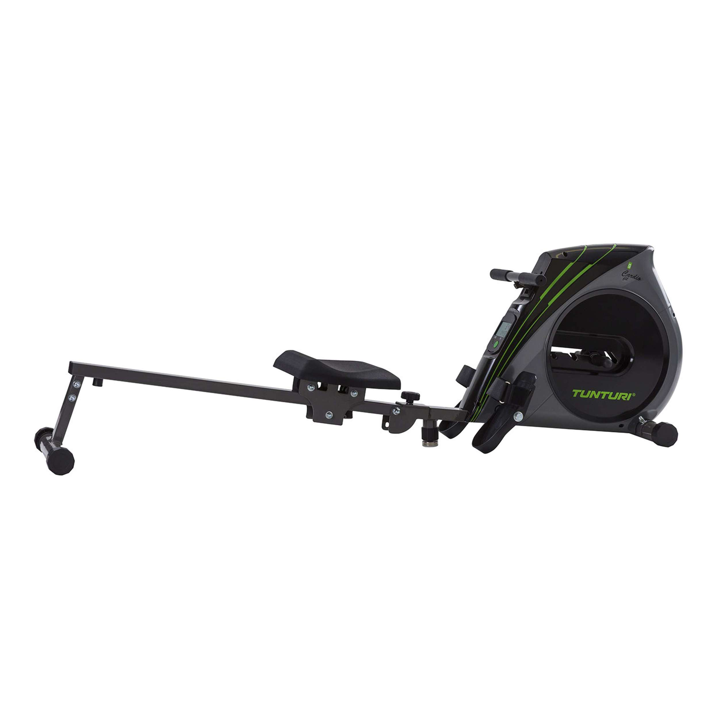 Roeimachine met zwarte en groene details. Het heeft een zitting, monitor en voetsteunen, met het merk Tunturi.