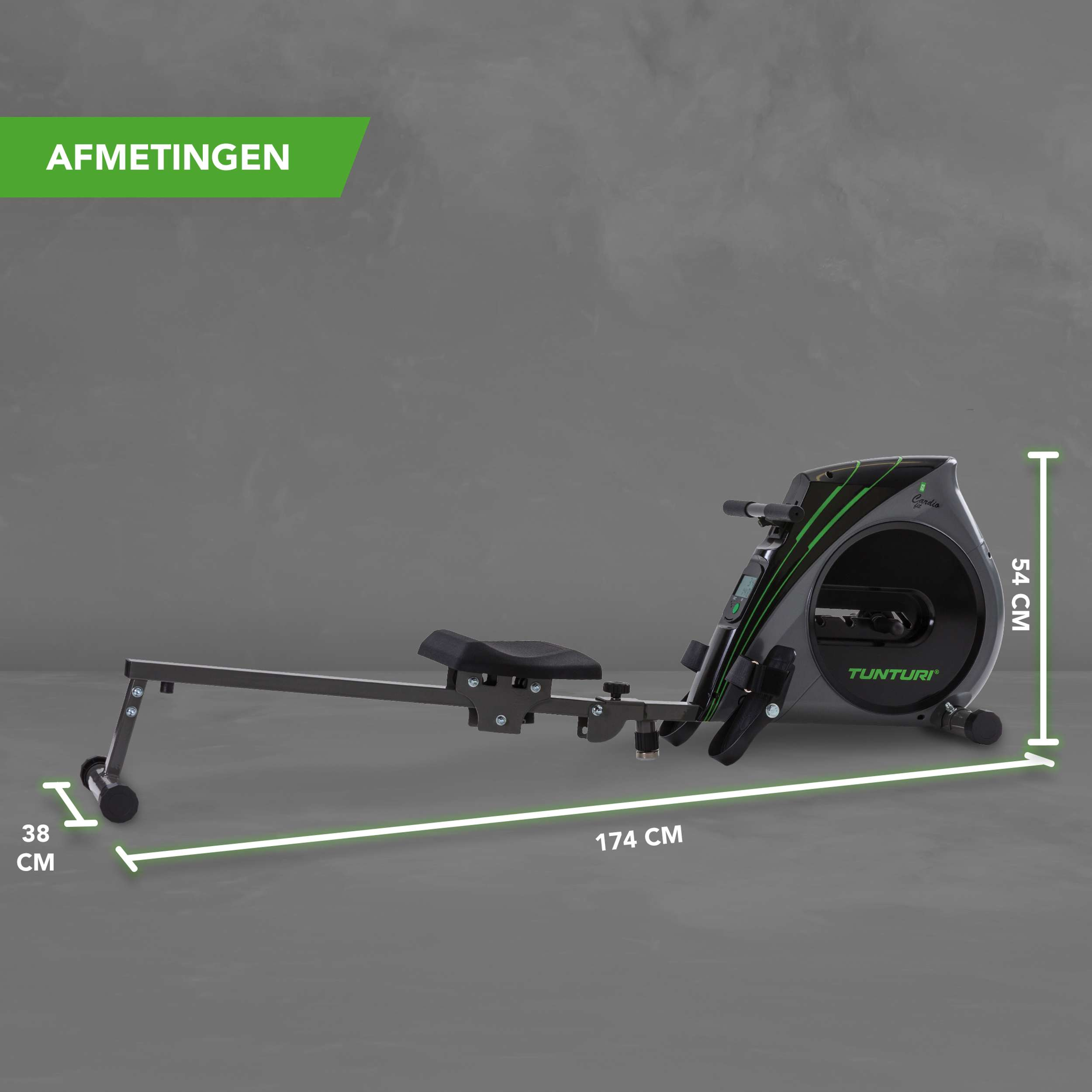 Een roeimachine met afmetingen. Grijs en zwart, met groene details en het merk Tunturi.