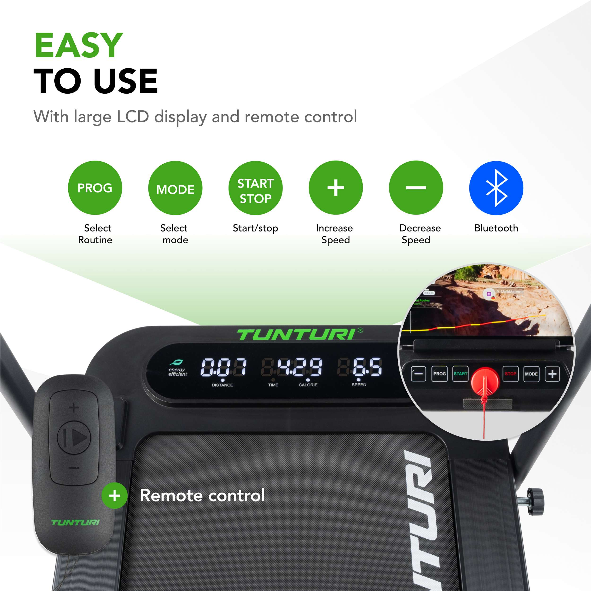 Loopband met display en knoppen. Tekst luidt 'EASY TO USE'. Voorzien van afstandsbediening en Bluetooth. Toont tijd, snelheid en calorieën.