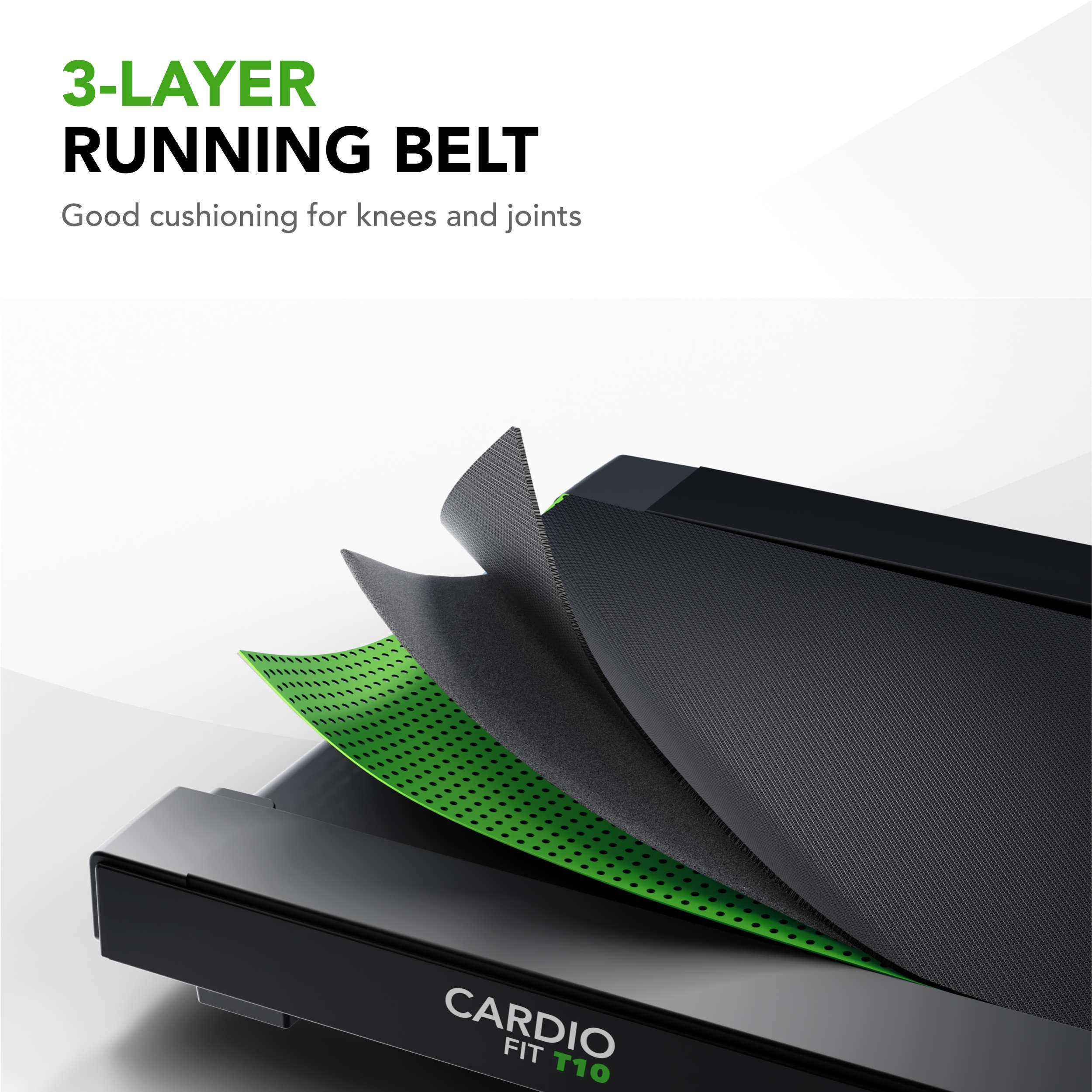 Afbeelding toont een 3-laags loopband met groene laag. Tekst zegt 'Goede demping voor knieën en gewrichten' en 'Cardio Fit T10'.