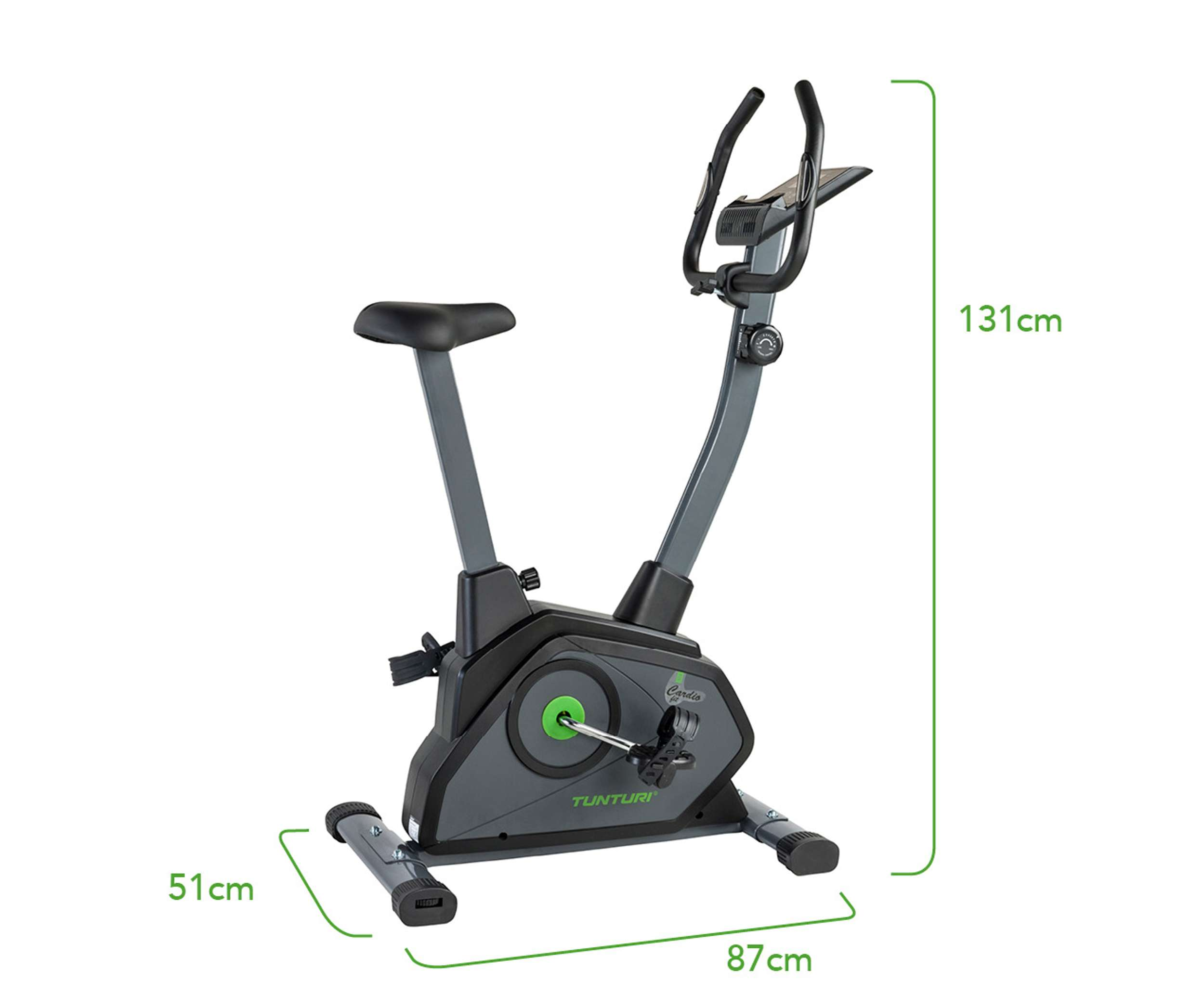 An exercise bike. It is gray and black, with a seat, handlebars, and pedals. Dimensions are shown with green lines.