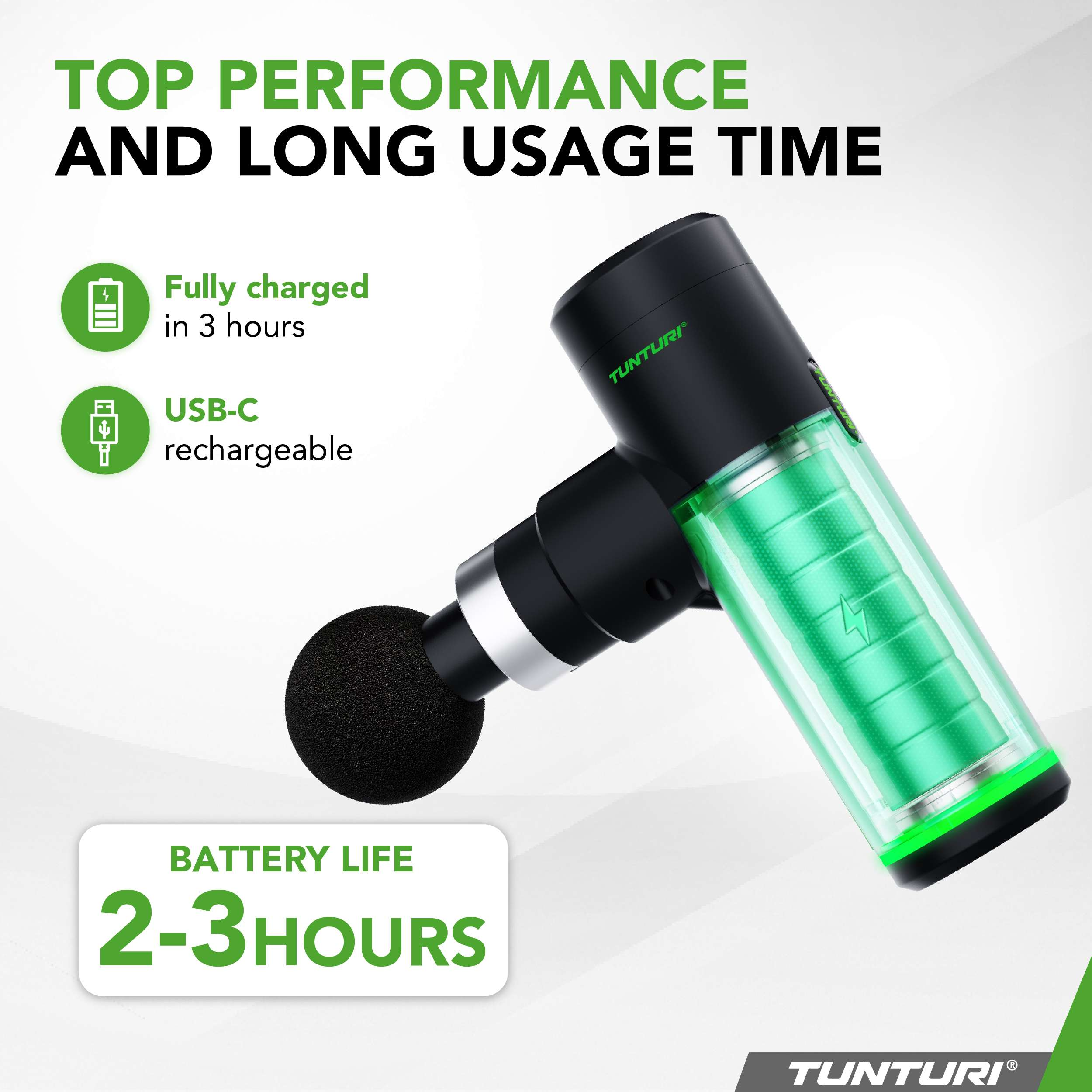 Afbeelding toont een zwart en groen massagepistool. Tekst benadrukt batterijduur, USB-C opladen en topprestaties.