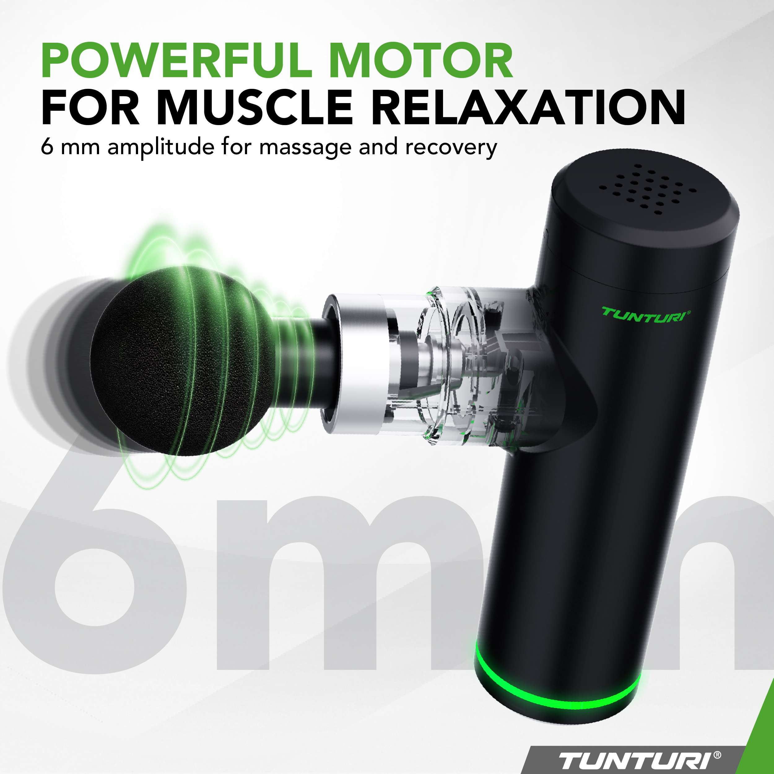 Afbeelding toont een zwart massagepistool met groene accenten, met tekst: Krachtige motor voor spierontspanning.