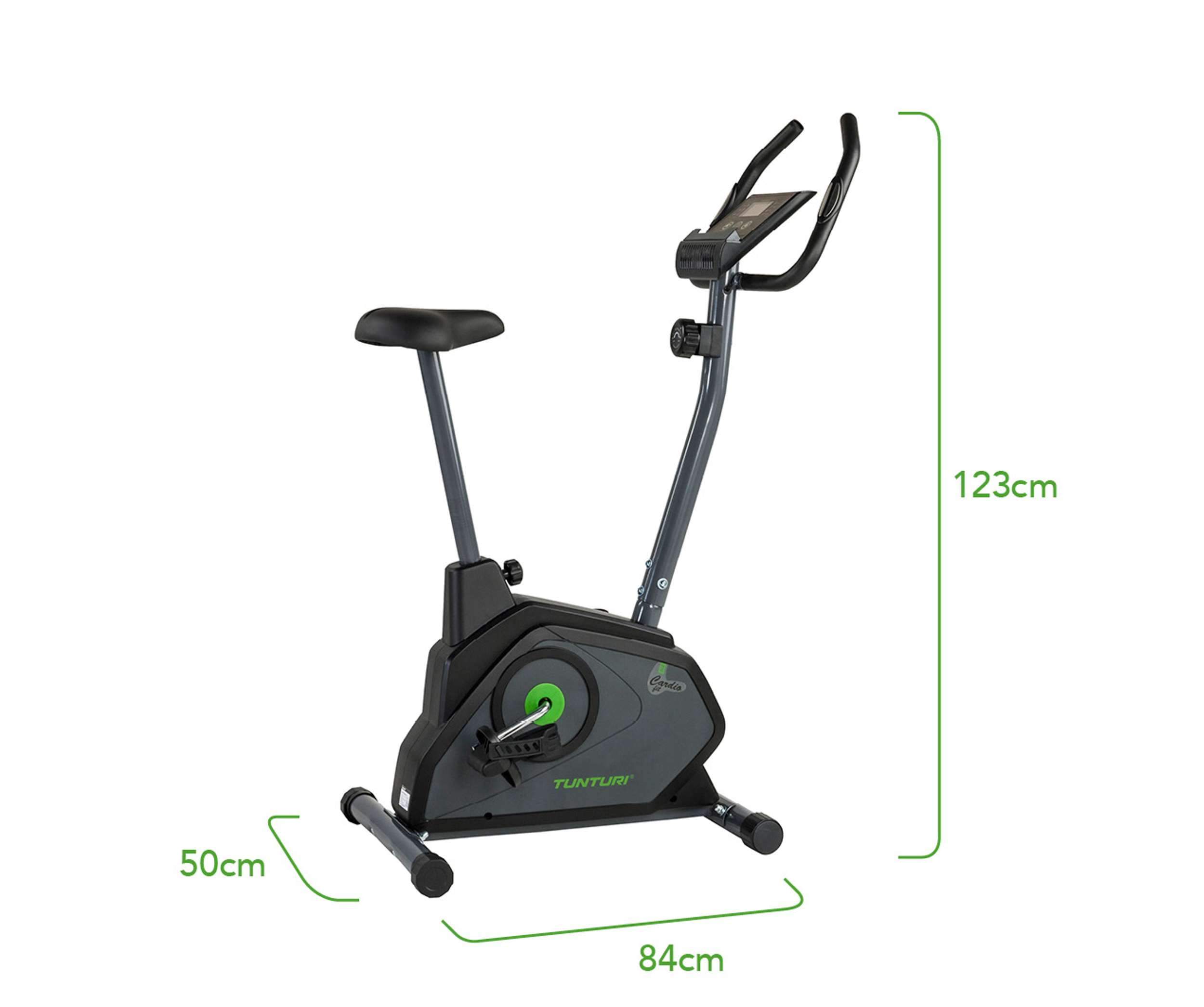 Een hometrainer op een witte achtergrond. Het is donkergrijs en zwart met een zwart zadel en handgrepen. Afmetingen worden getoond.