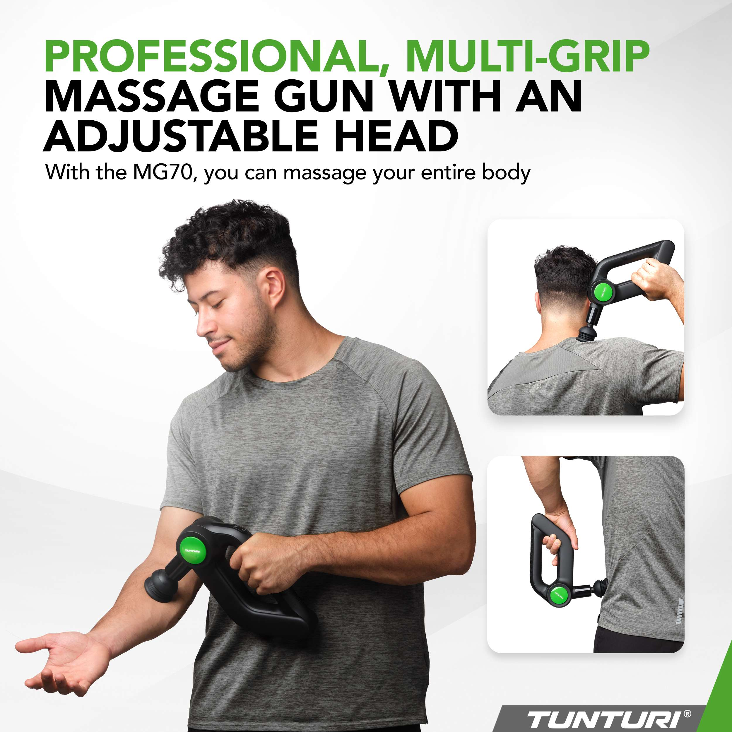 Man gebruikt massagepistool op arm. De afbeelding toont ook andere toepassingen. Tekst luidt: Professioneel massagepistool.