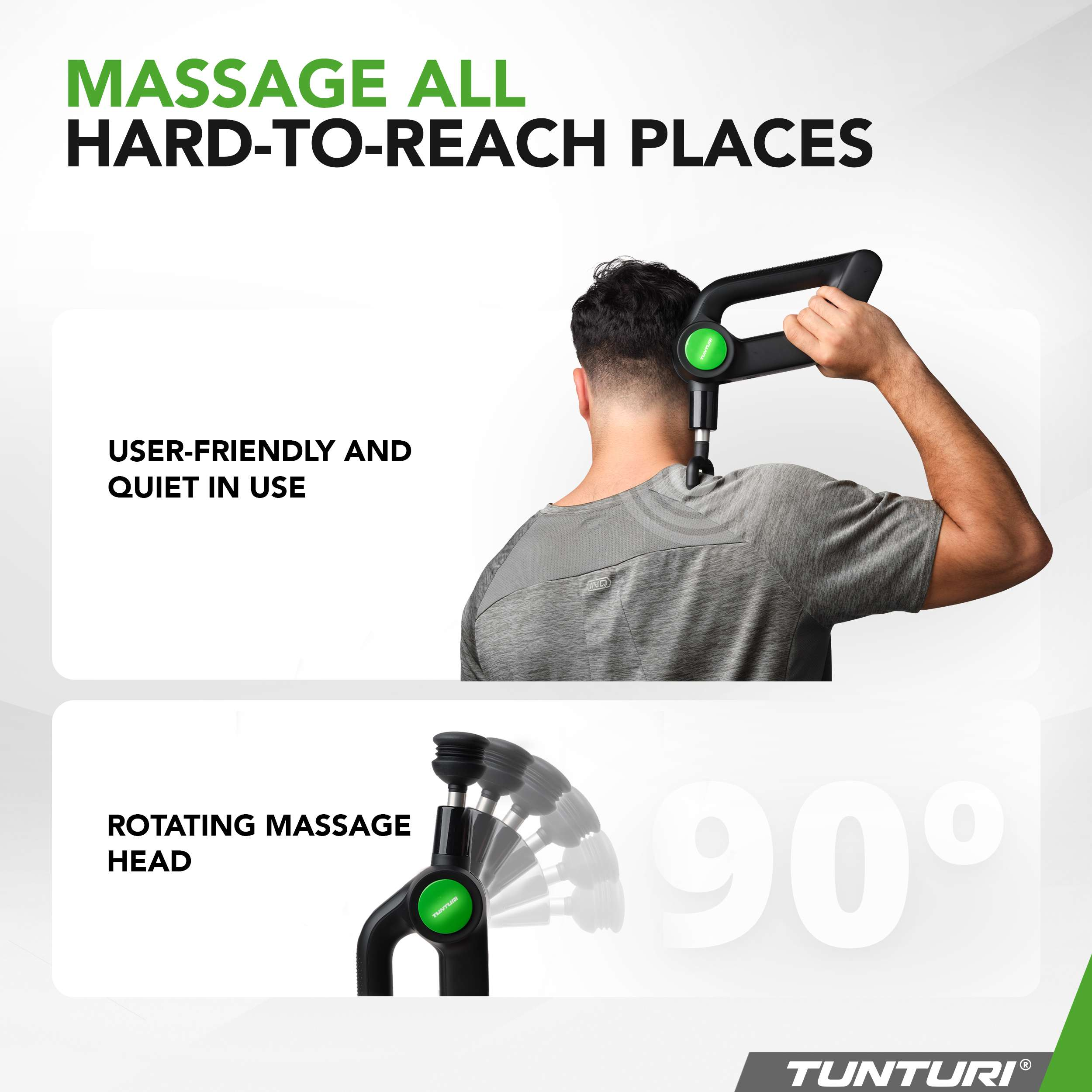 Een man die een zwart massageapparaat op zijn rug gebruikt. Tekst: Masseer alle moeilijk bereikbare plaatsen.
