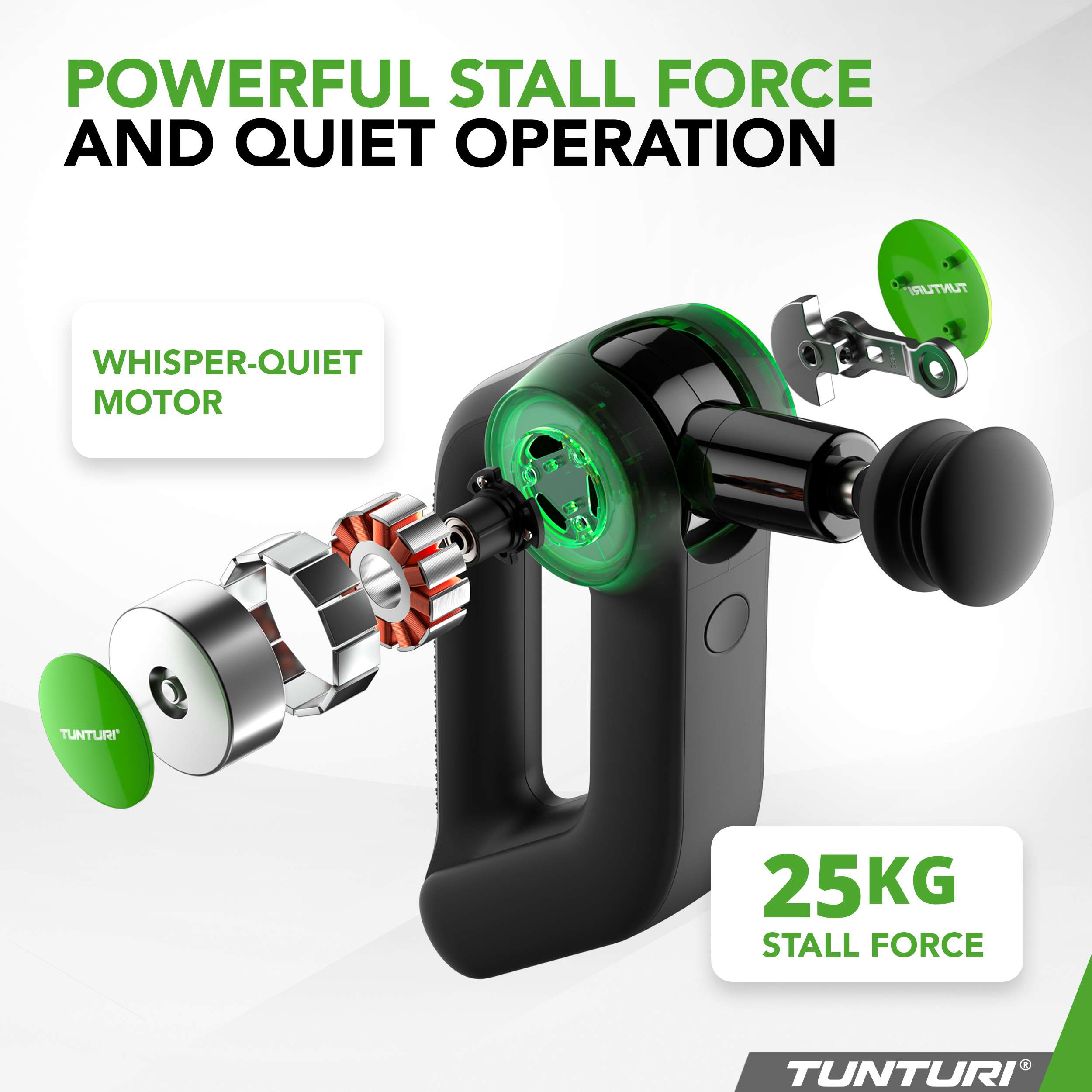 Een geëxplodeerde weergave van een zwart massagepistool met groene accenten, met interne componenten en tekstlabels.