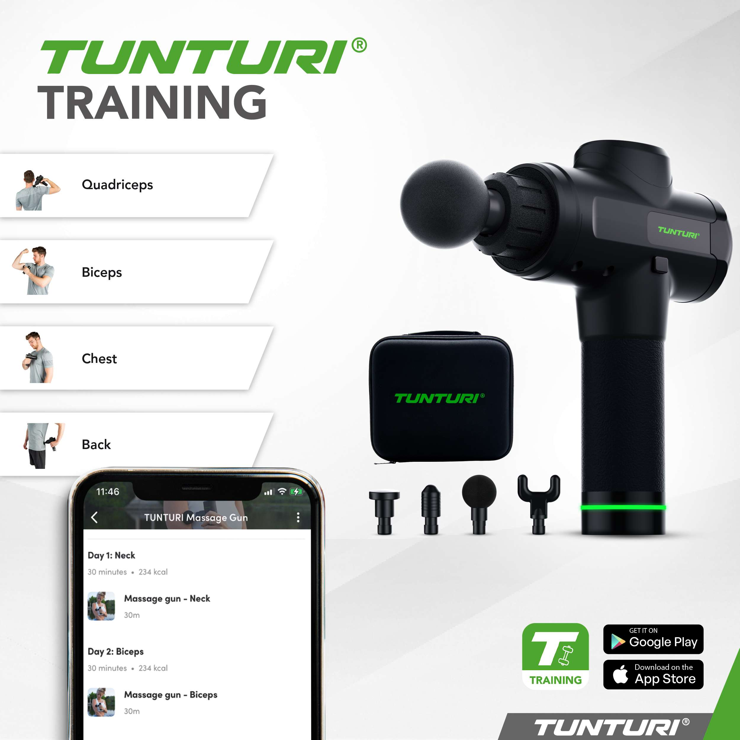 Zwart massagepistool en accessoires met Tunturi-logo. Een telefoon toont massageroutines. Trainingslogo en app-downloadopties.