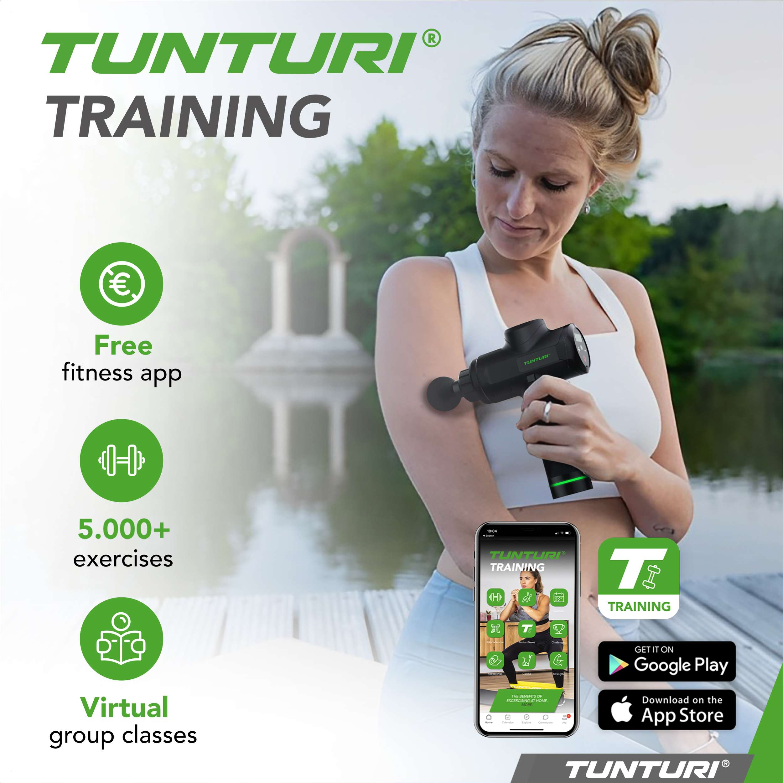 Vrouw met massagepistool, app-interface en fitness-iconen. Tunturi Training logo is zichtbaar.