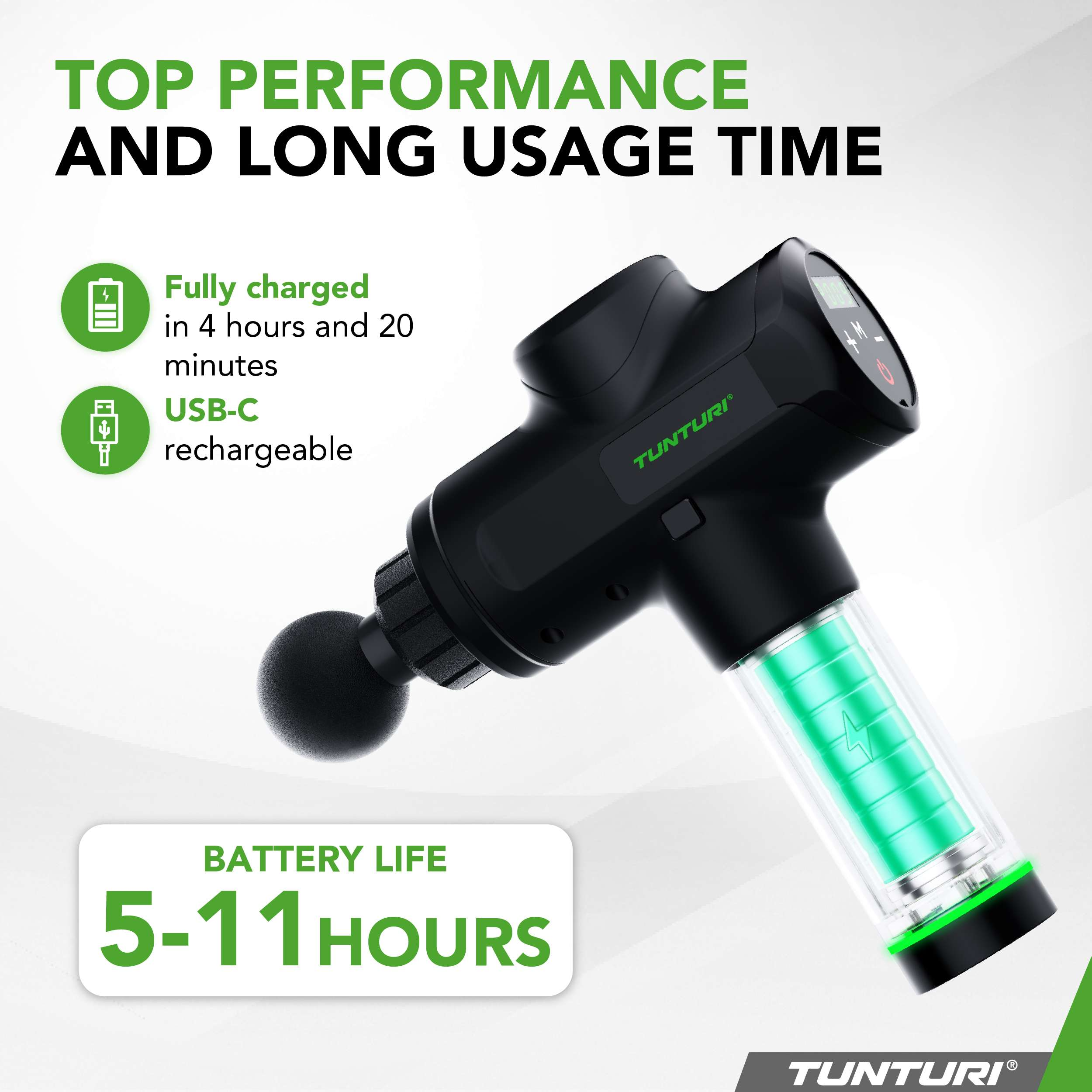 Zwarte massagepistool met groene batterij-indicator, tekst: Top Performance, Batterijduur 5-11 uur en USB-C oplaadbaar.