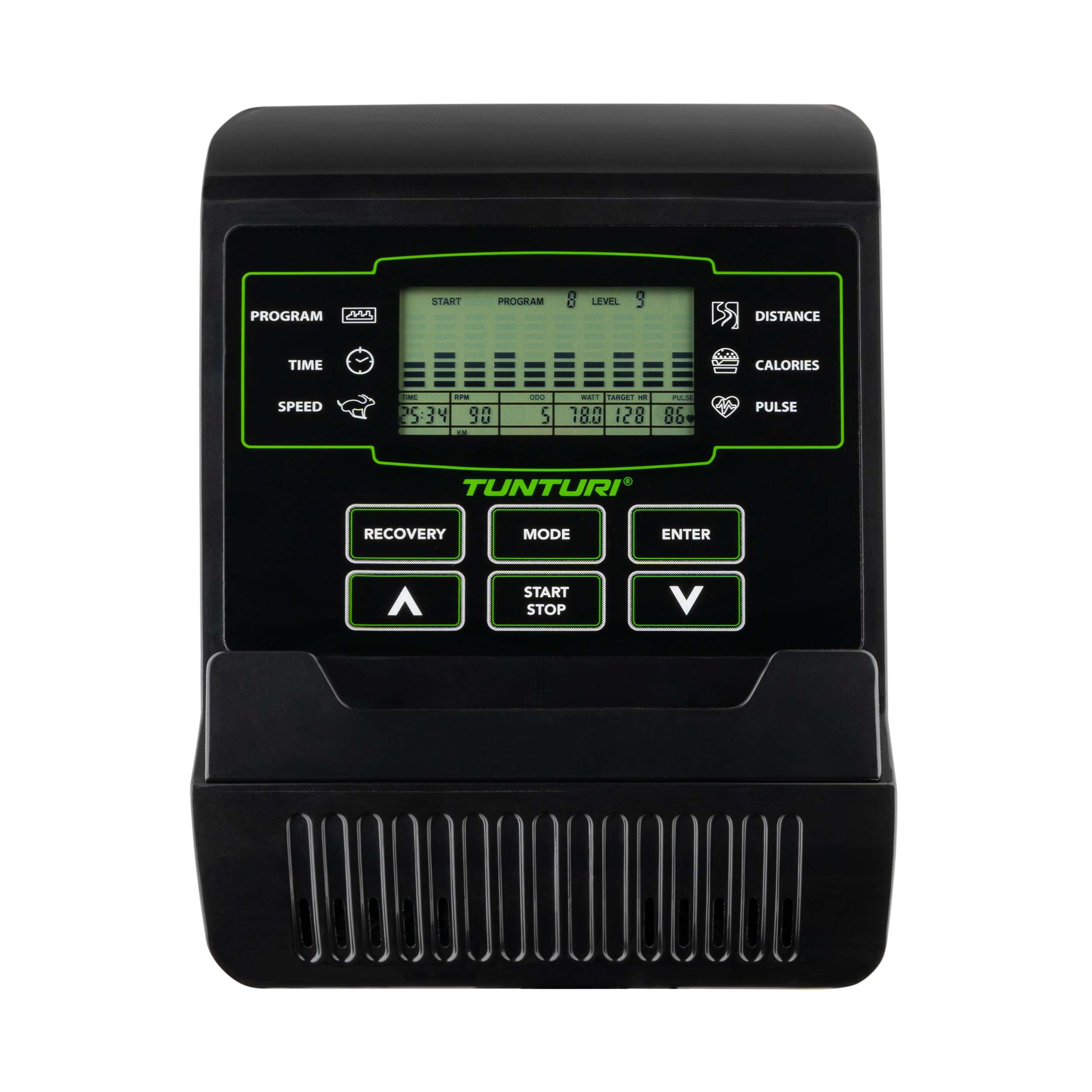 Zwarte console van een trainingsmachine met een scherm dat programma, tijd, snelheid en andere trainingsgegevens weergeeft. Knoppen zijn ook zichtbaar.