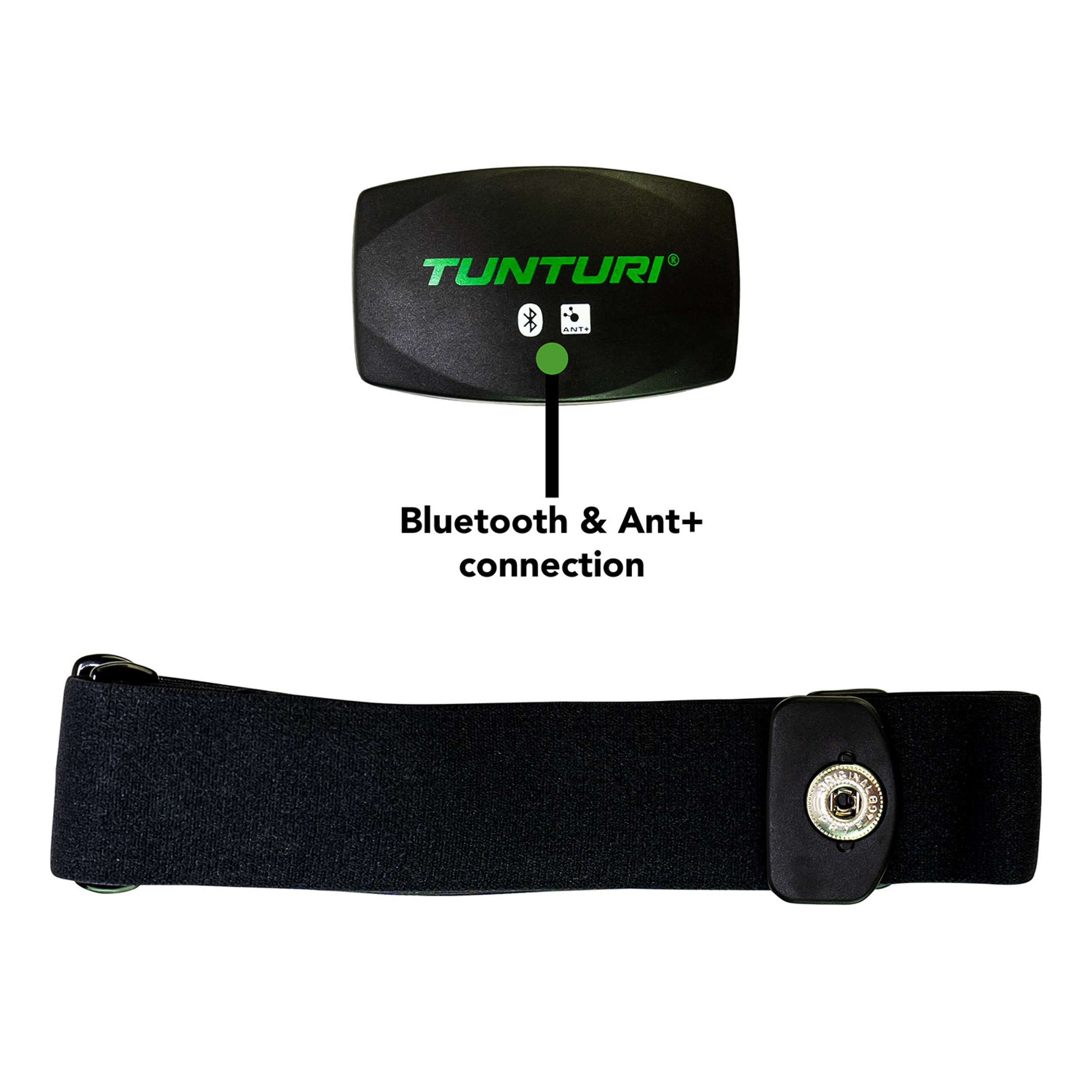 A heart rate monitor with the brand name Tunturi. It has a chest strap and a transmitter with Bluetooth and ANT+.